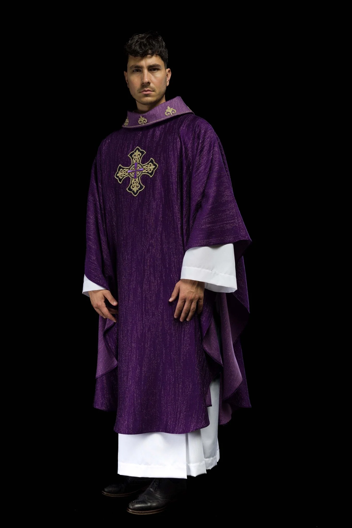 Purple Liturgical Chasuble with Embroidered Cross on Decorative Fabric - Image 9