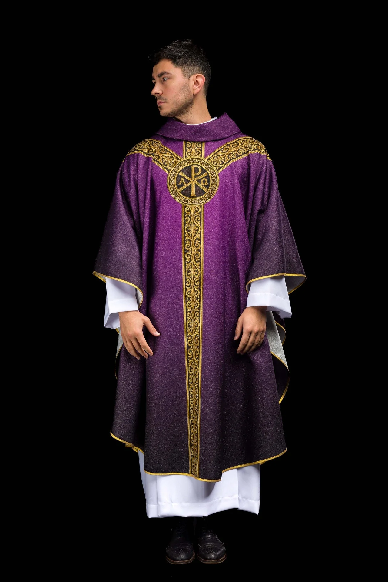 Purple printed Pax chasuble with rich gold ornamentation - Image 2