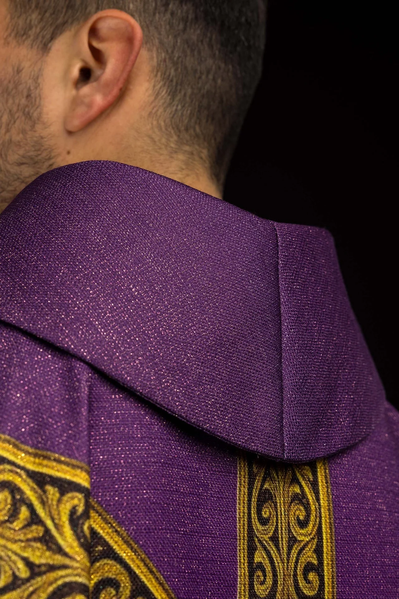 Purple printed Pax chasuble with rich gold ornamentation - Image 6