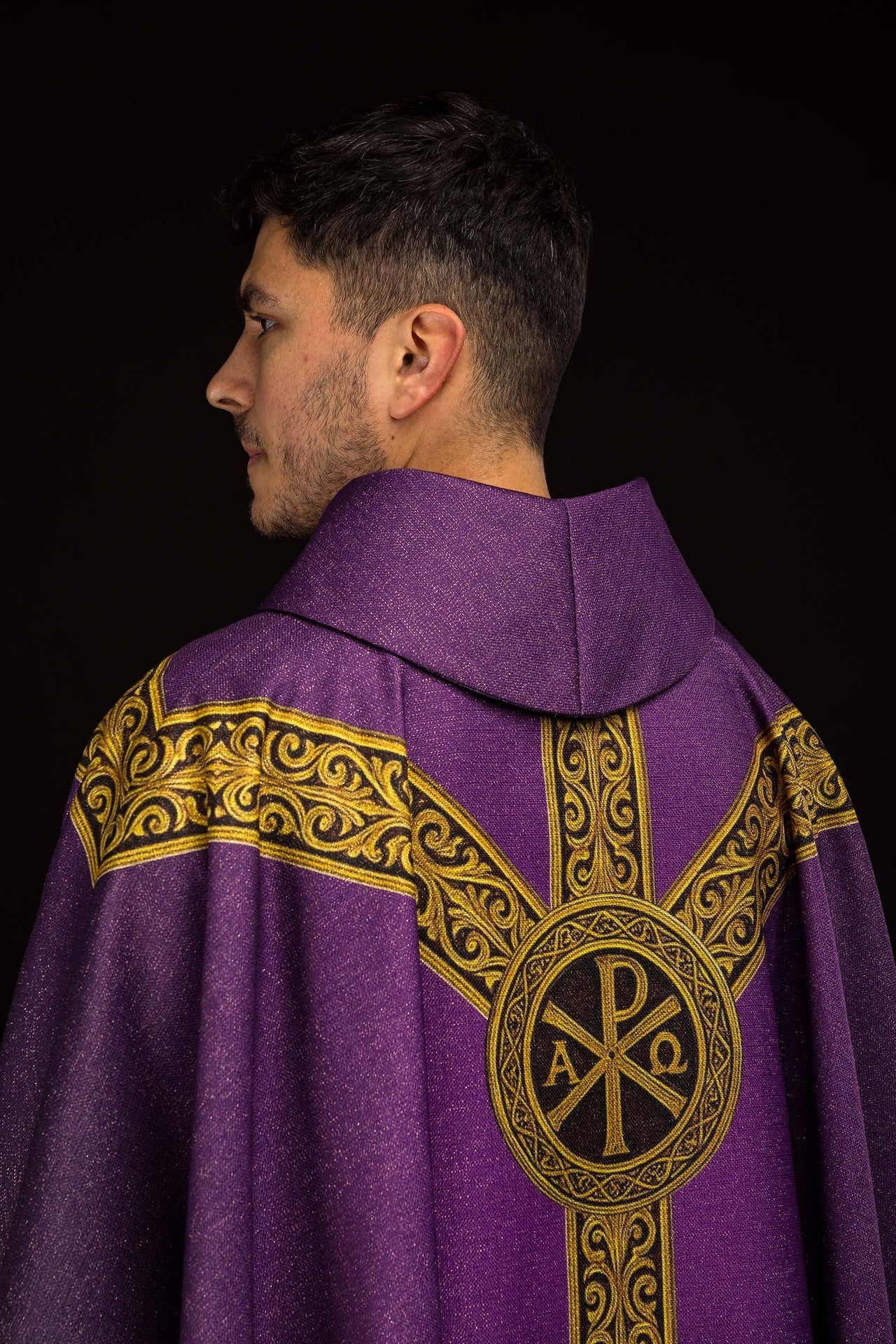 Purple printed Pax chasuble with rich gold ornamentation - Image 7