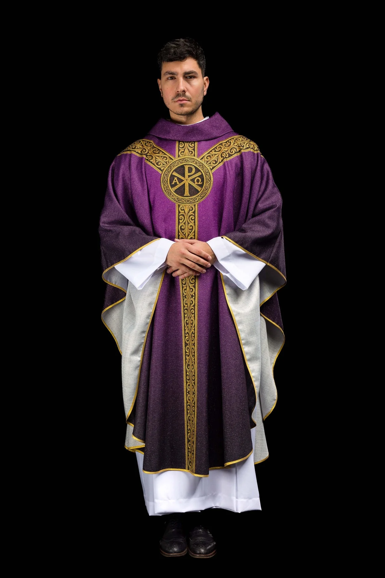 Purple printed Pax chasuble with rich gold ornamentation - Image 9
