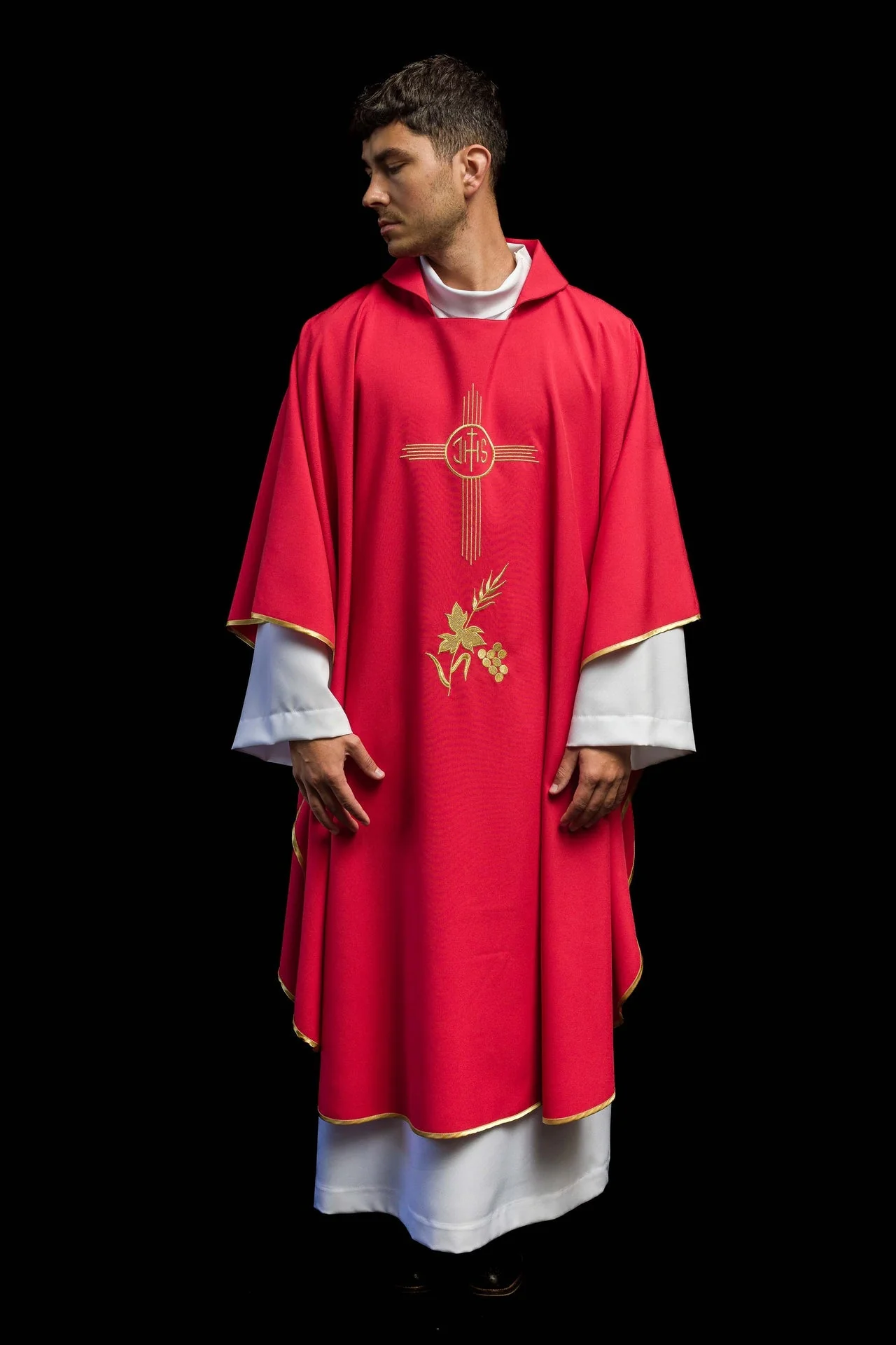 Red Chasuble Embroidered with a Wide Collar and IHS Motif - Image 2