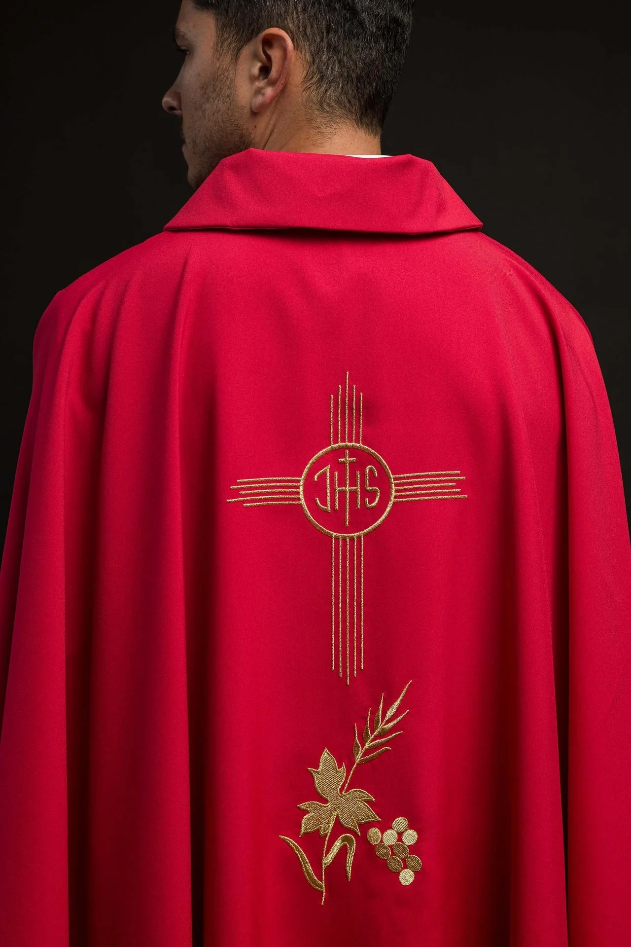 Red Chasuble Embroidered with a Wide Collar and IHS Motif - Image 7