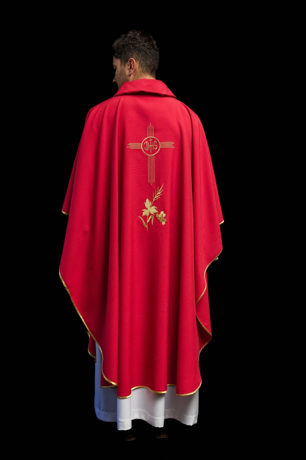 Red Chasuble Embroidered with a Wide Collar and IHS Motif - Image 8