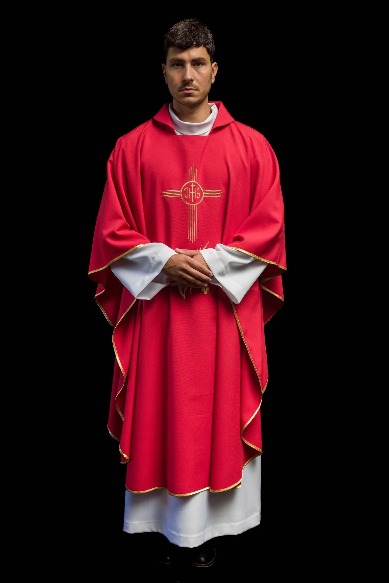 Red Chasuble Embroidered with a Wide Collar and IHS Motif - Image 9