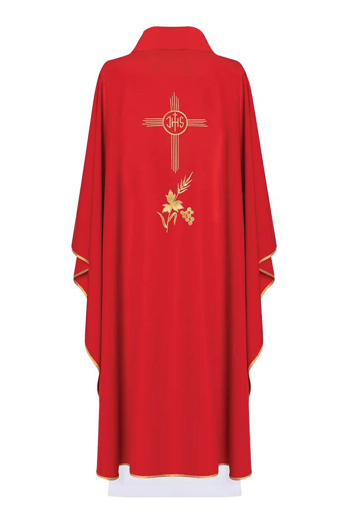 Red chasuble embroidered with IHS motif - Image 2