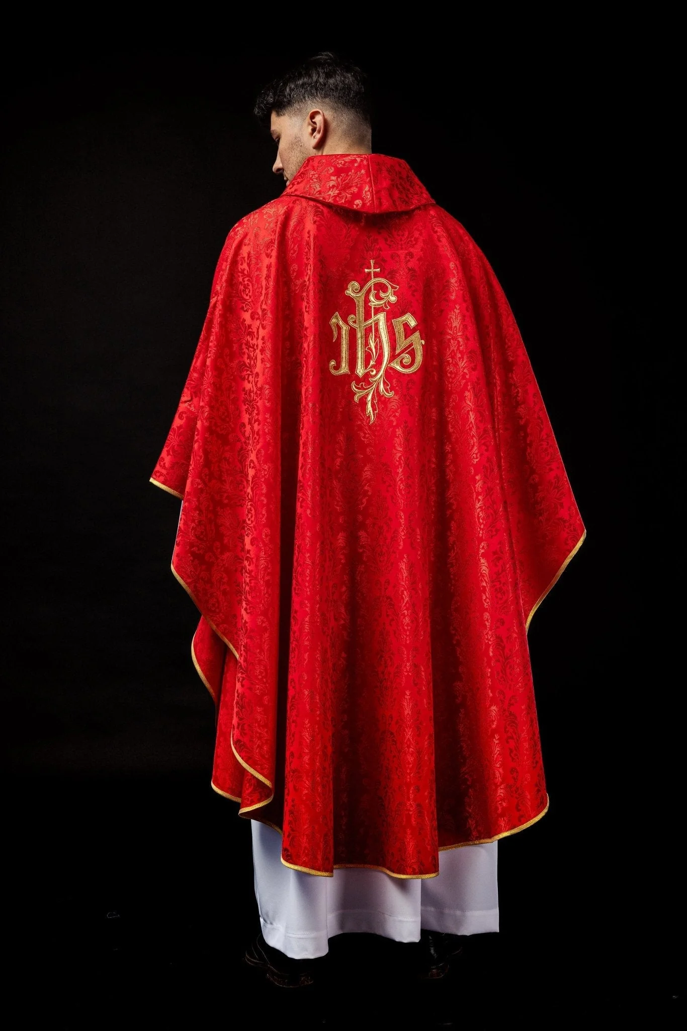 Red chasuble made of floral texture with classic IHS - Image 6