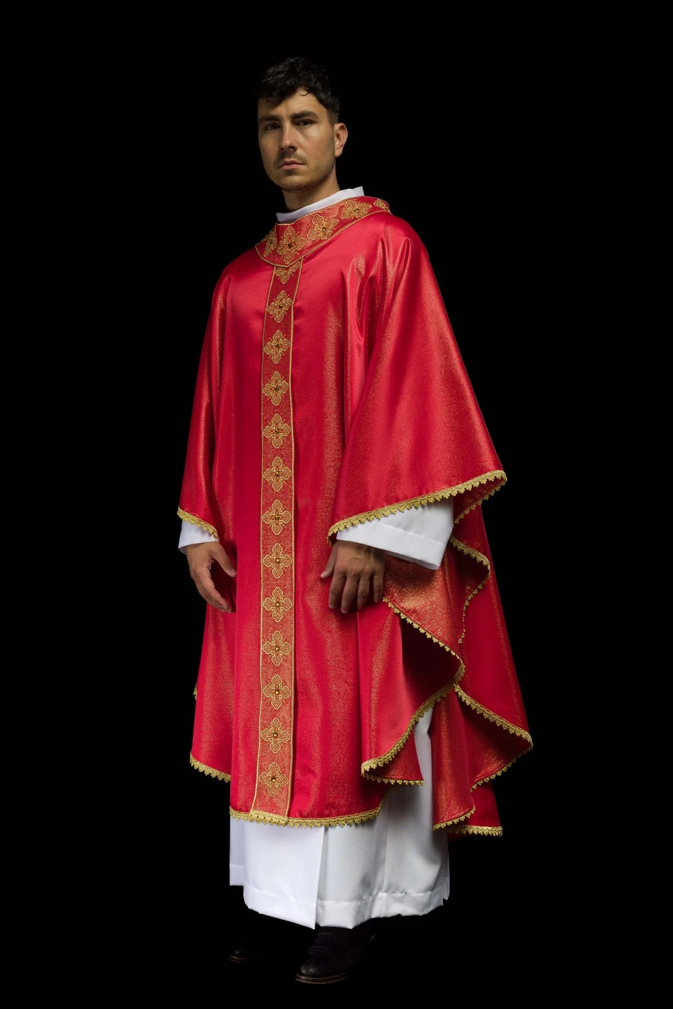 Red chasuble with decorative stones and embroidered collar - Image 2