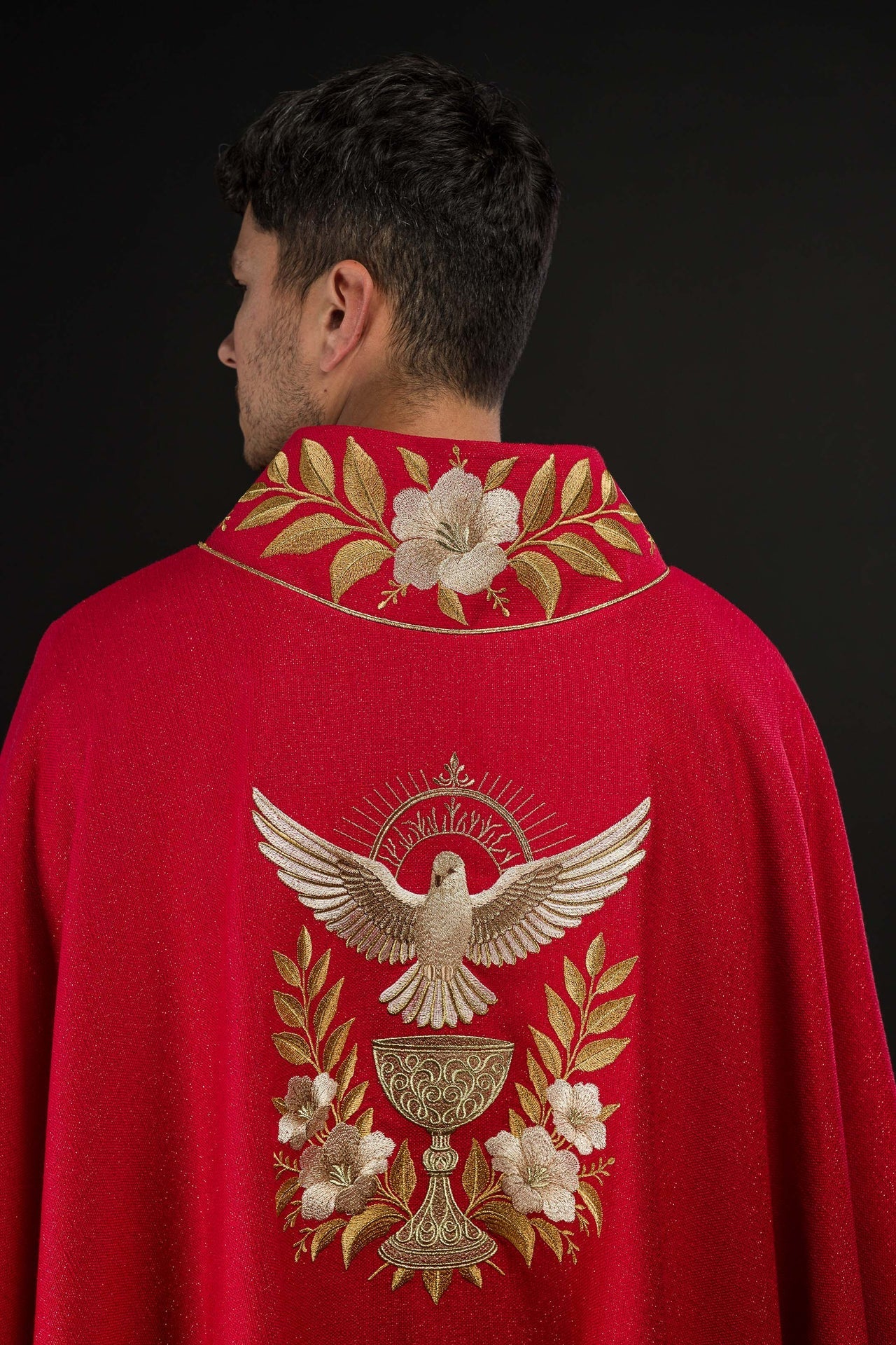 Red Chasuble with Embroidered Collar and the Symbol of the Holy Spirit - Image 7
