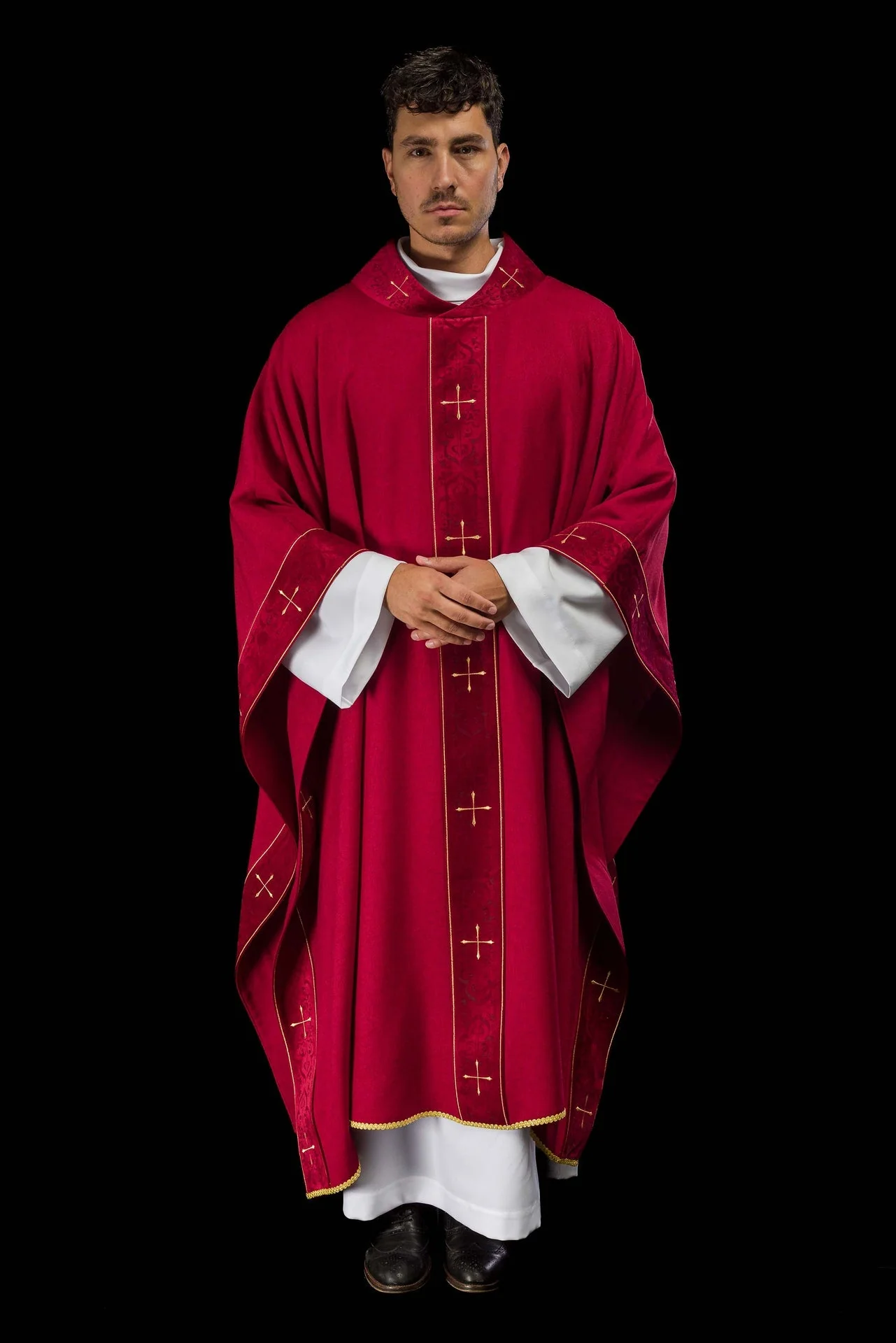 Red Chasuble with Embroidered Cross Band and Collar - Image 2