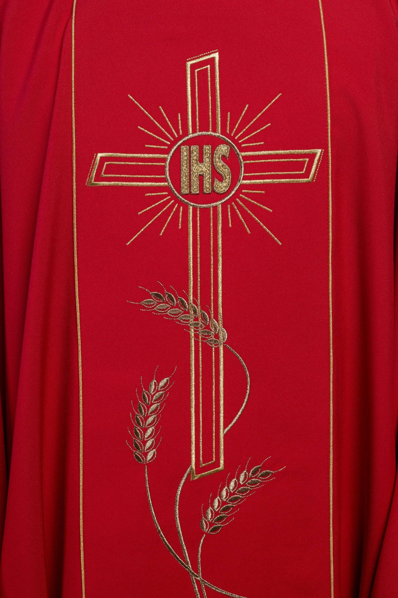Red chasuble with embroidered Cross IHS symbol - Image 3
