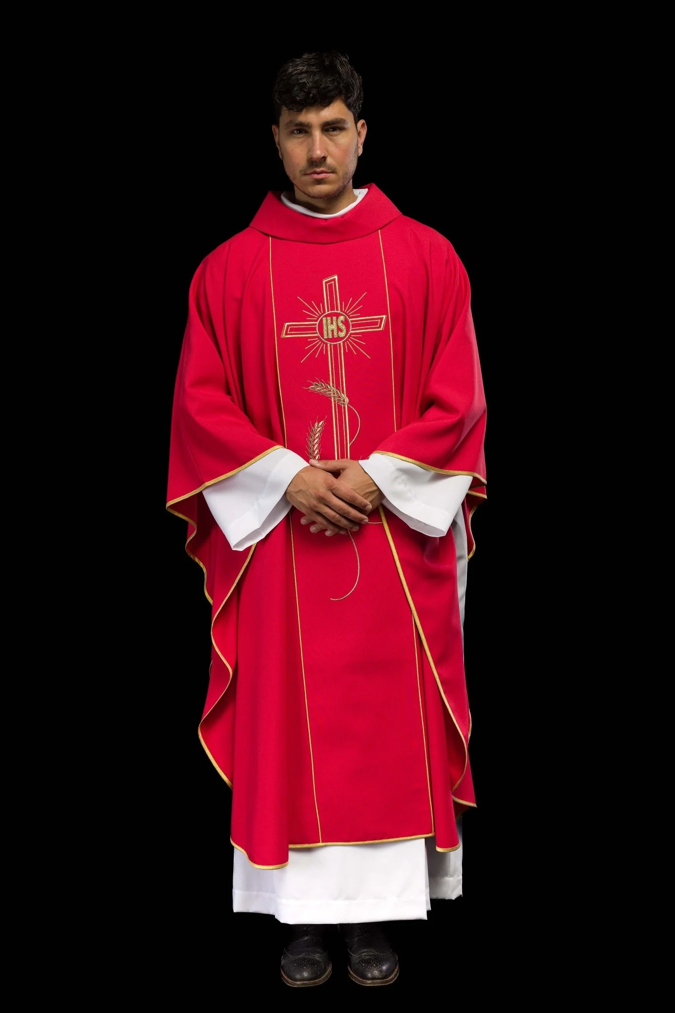Red chasuble with embroidered Cross IHS symbol - Image 9