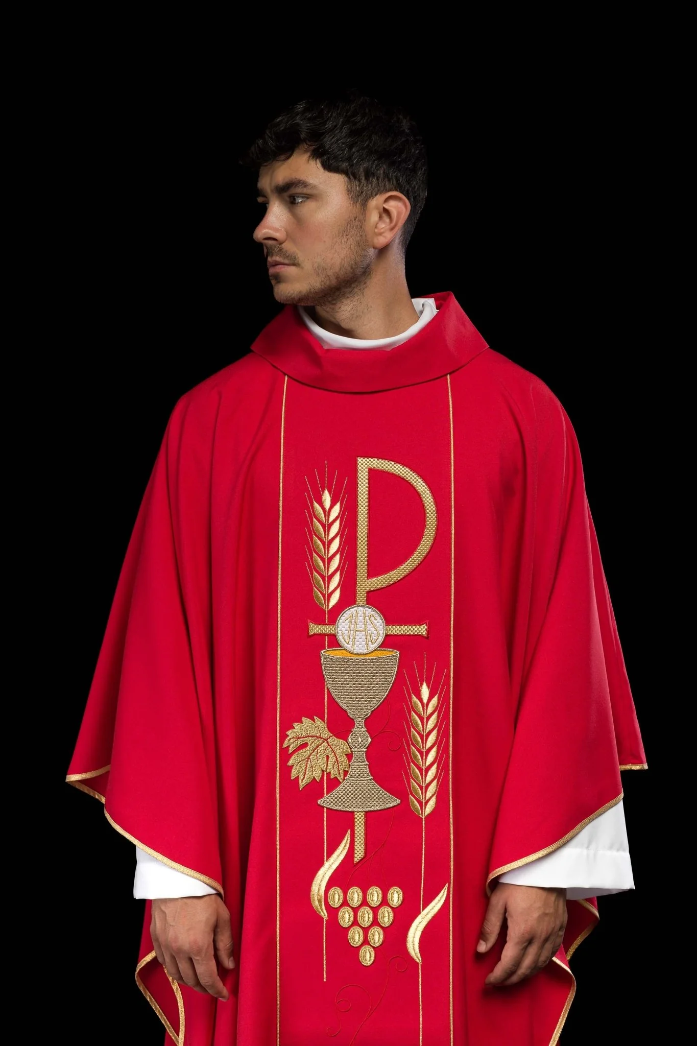 Red chasuble with embroidered PX and chalice symbol