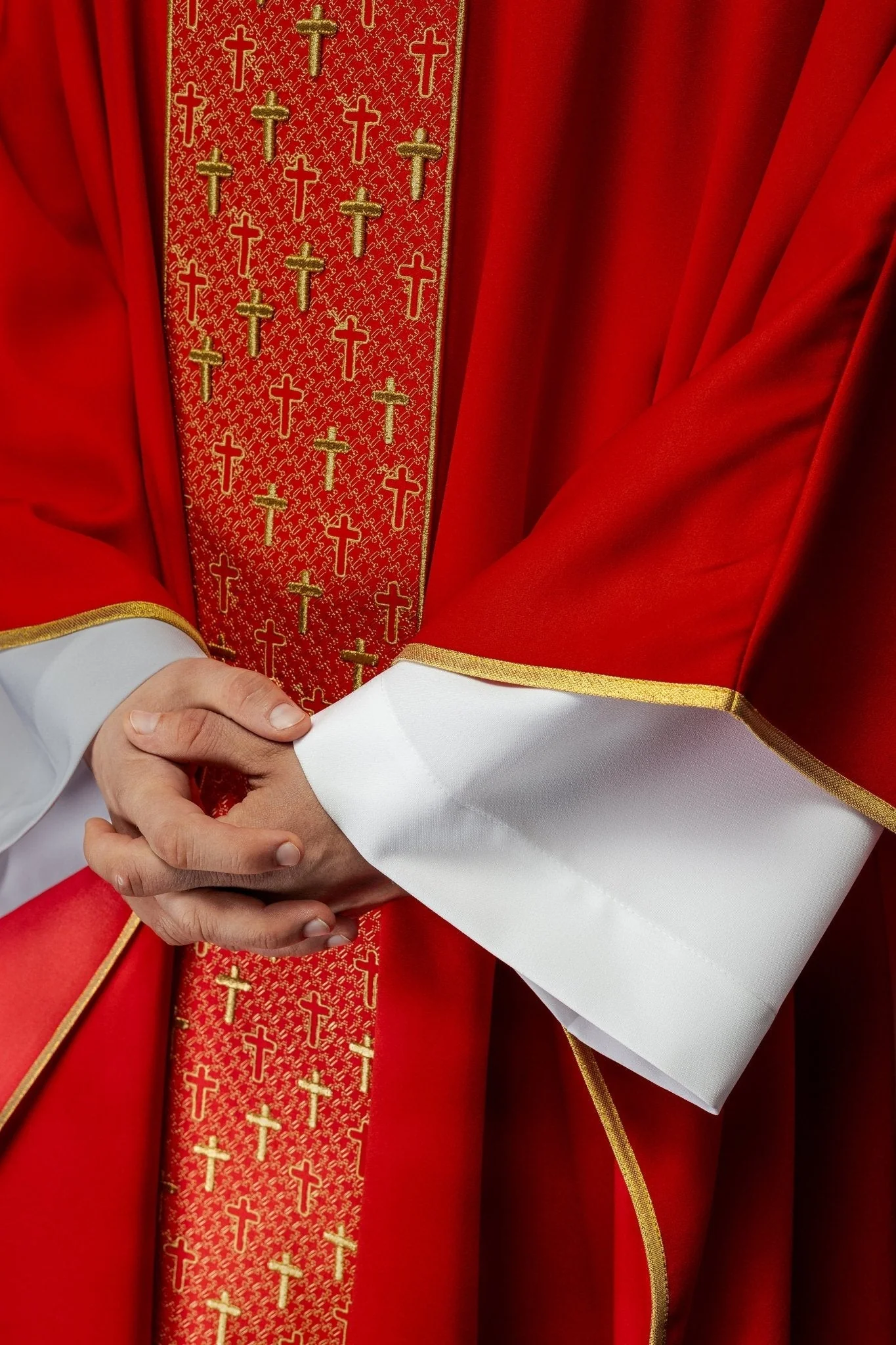 Red chasuble with gold cross embroidery on wide orphrey and collar - Image 4