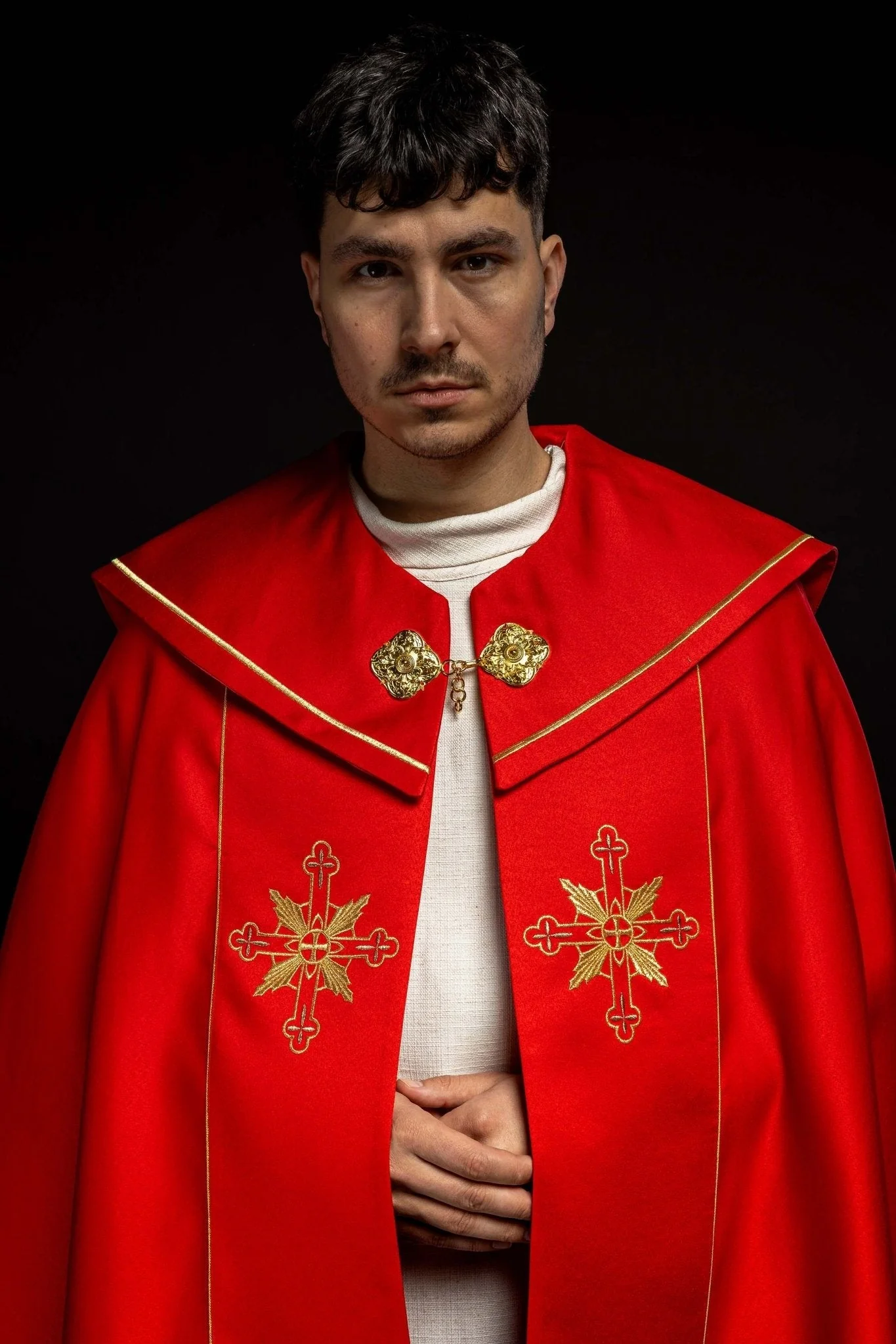 Red cope embroidered front and back with IHS monogram - Image 9