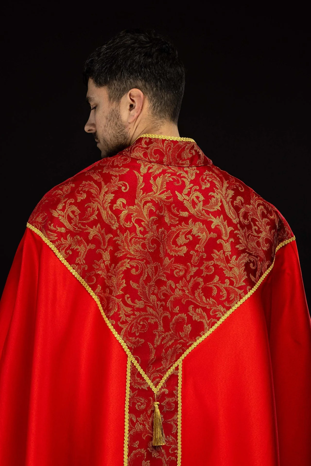 Red embroidered cope decorated with jacquard fabric