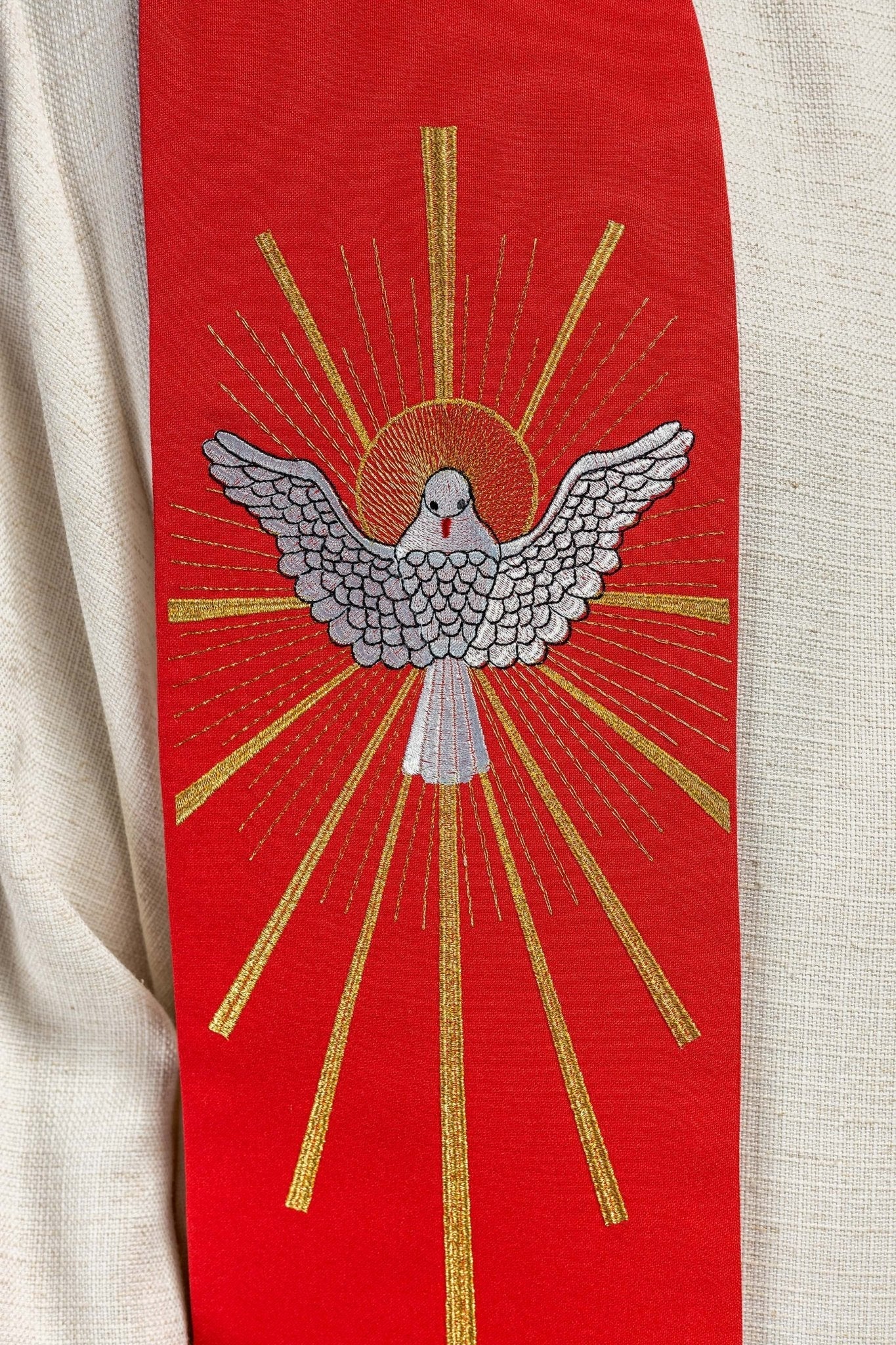 Red embroidered Holy Spirit and tongues of fire stole - Image 3