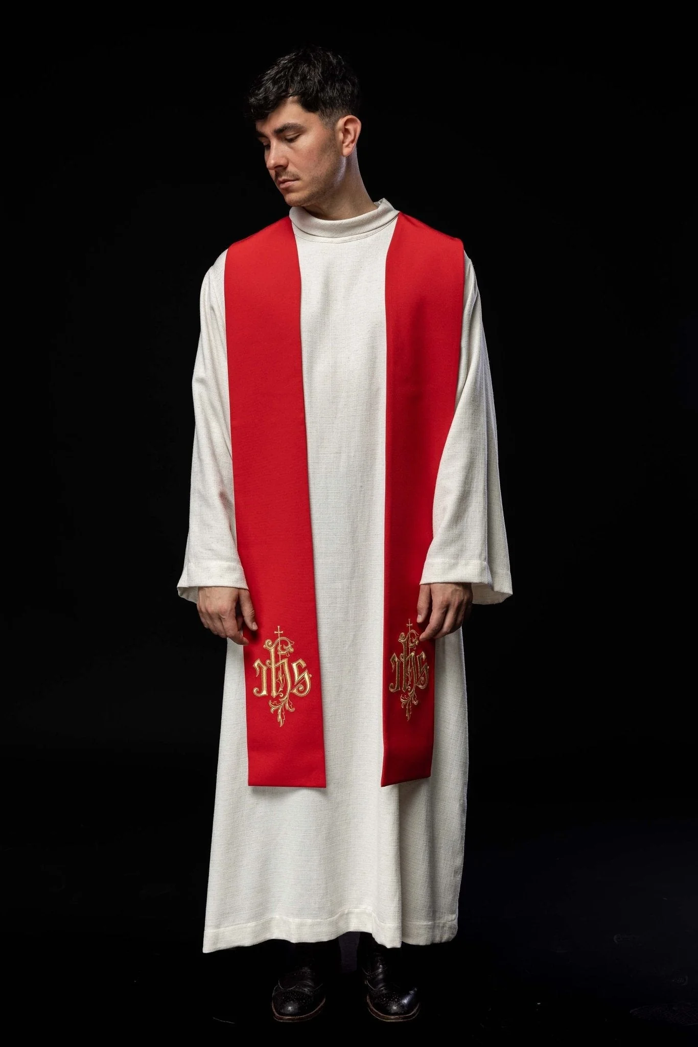 Red embroidered IHS stole