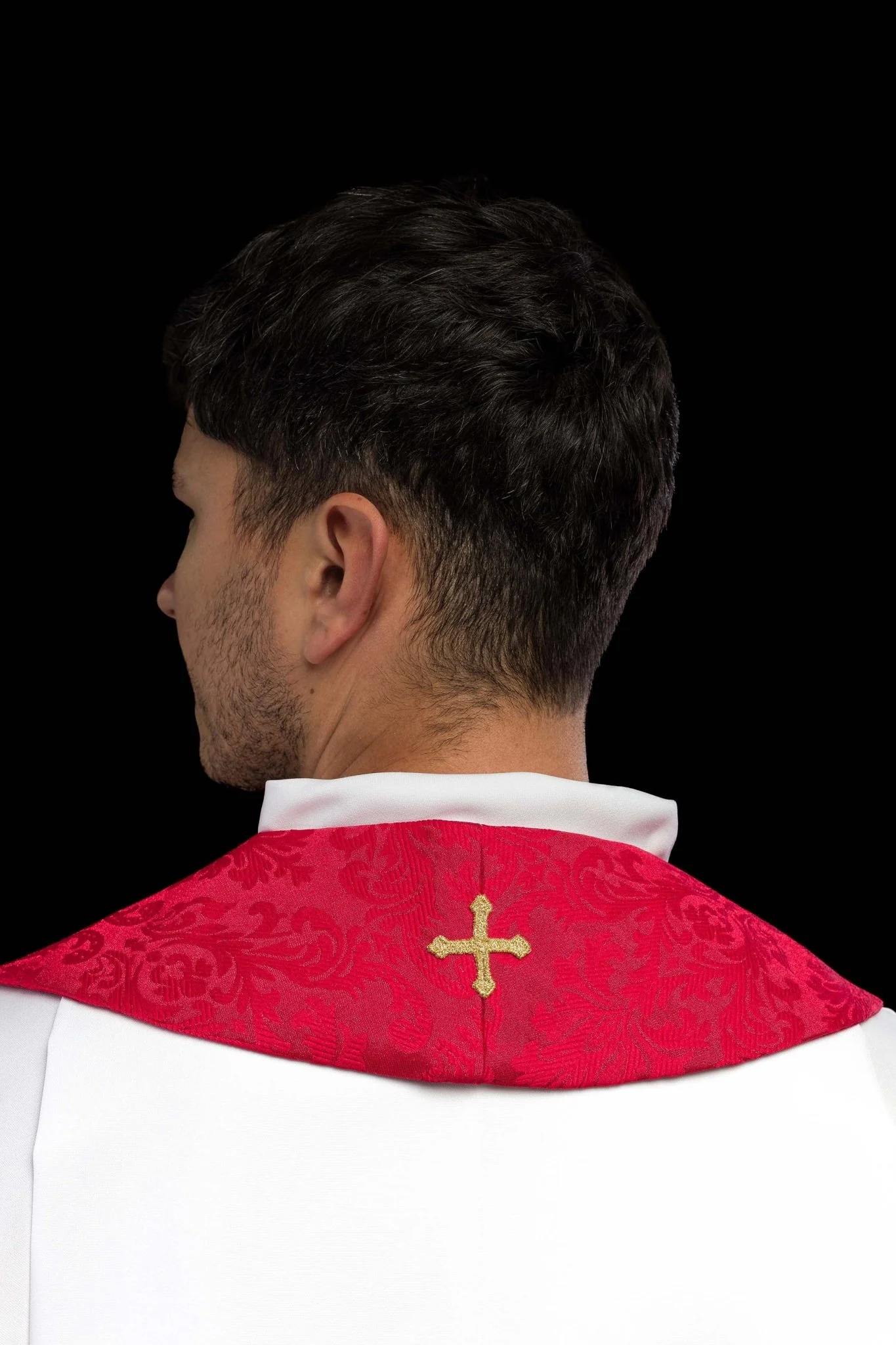 Red Embroidered Jacquard Stole with Cross Motifs - Image 6