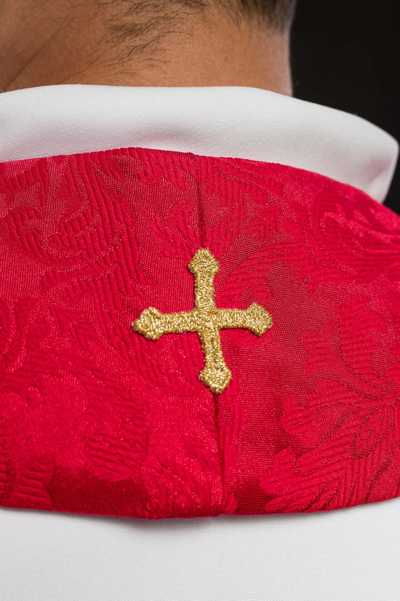 Red Embroidered Jacquard Stole with Cross Motifs - Image 7