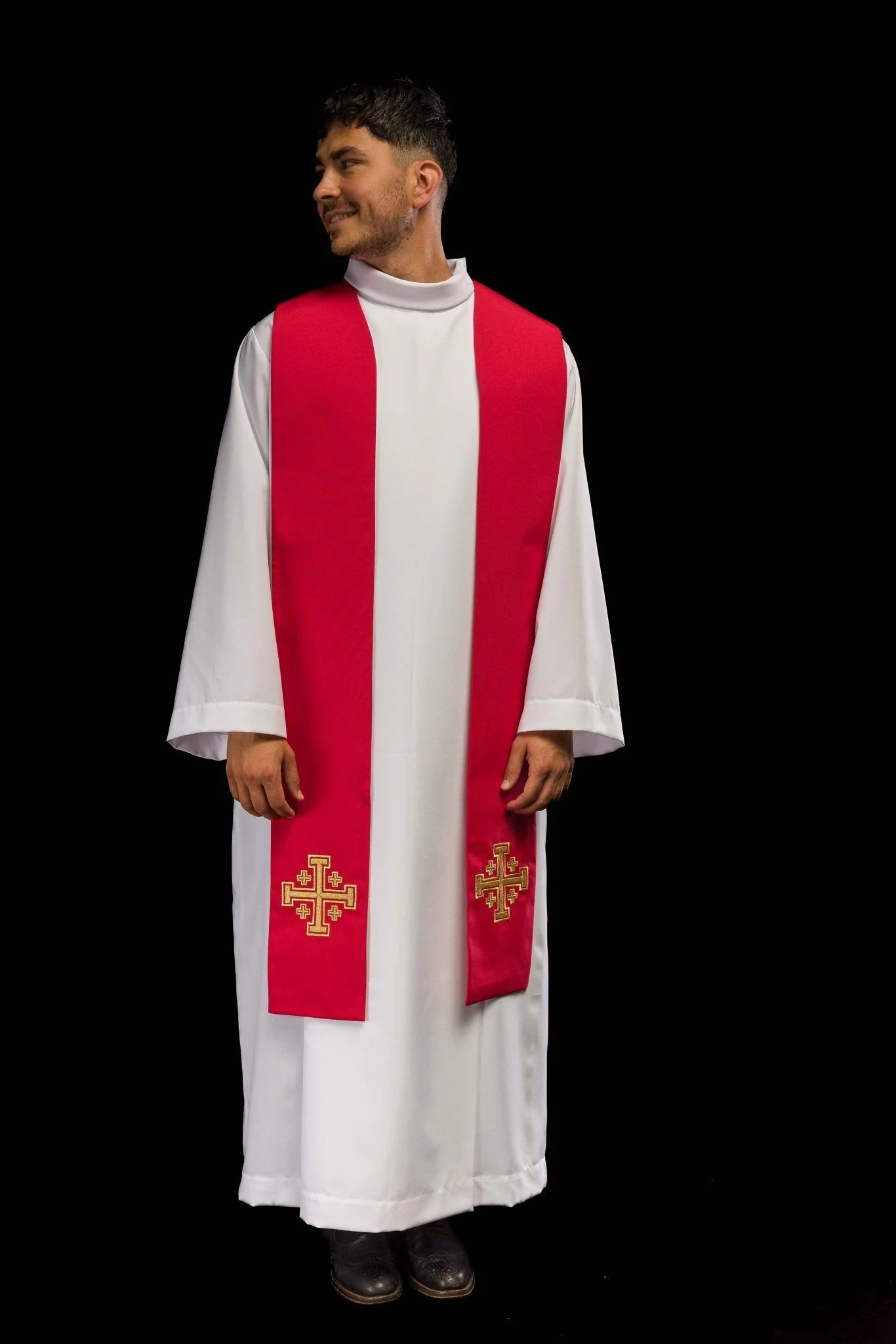 Red Jerusalem Cross embroidered priestly stole - Image 3