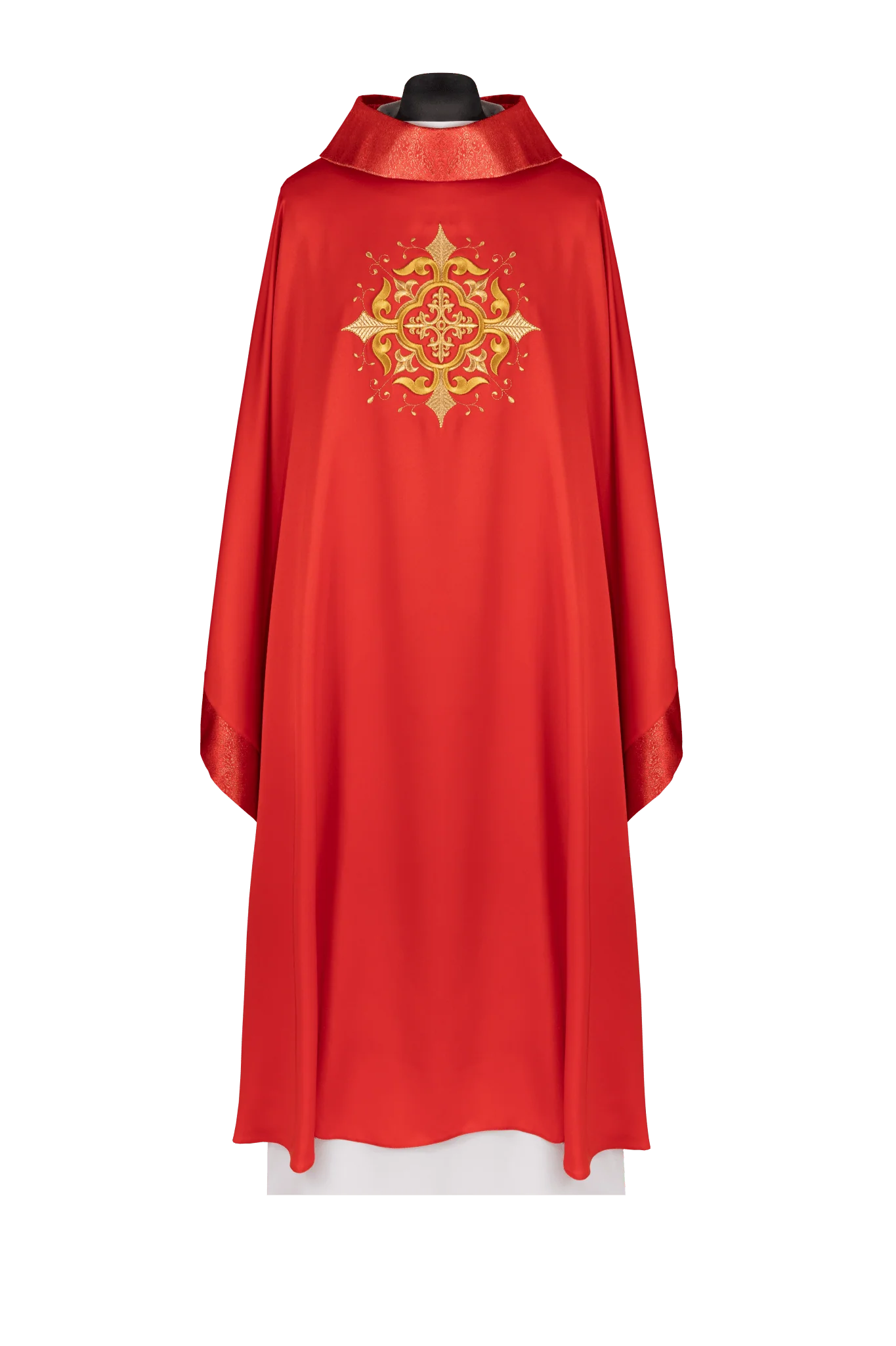 Red liturgical chasuble with embroidered cross motif and rich detailing