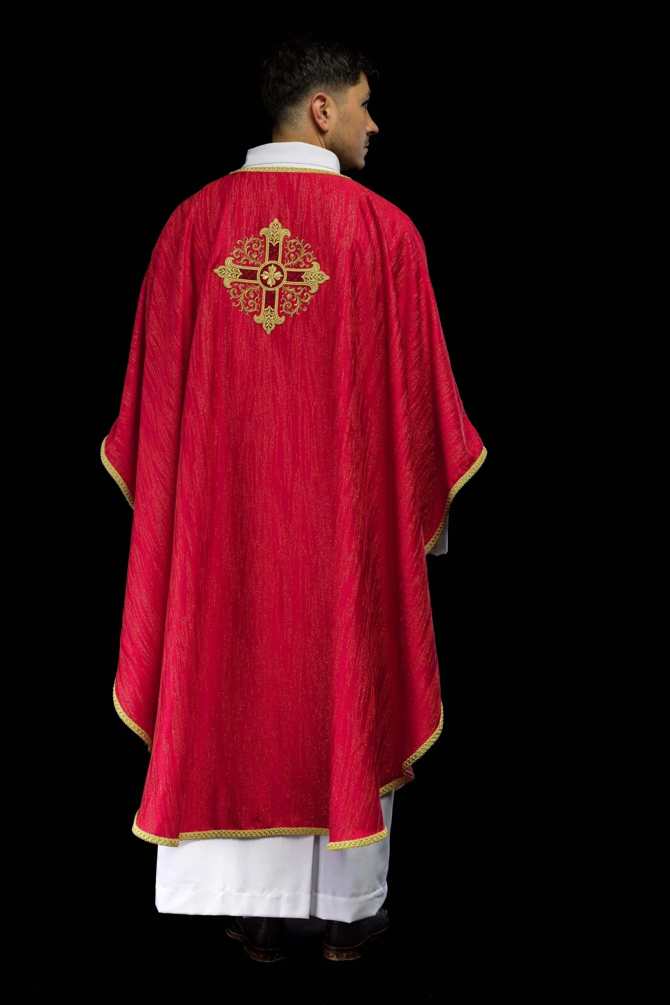 Red Liturgical Chasuble with Embroidered Cross on Decorative Fabric - Image 8