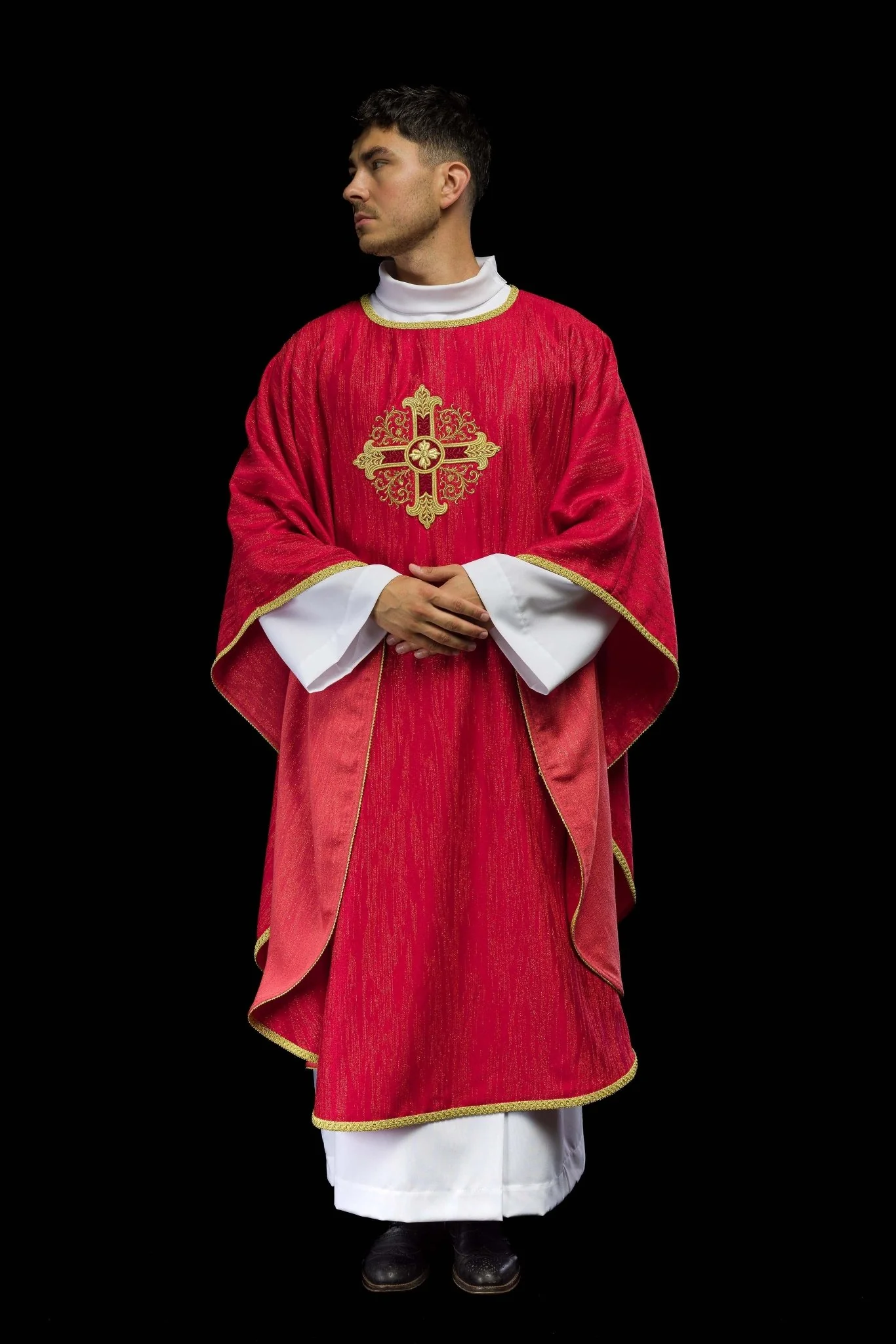 Red Liturgical Chasuble with Embroidered Cross on Decorative Fabric - Image 9