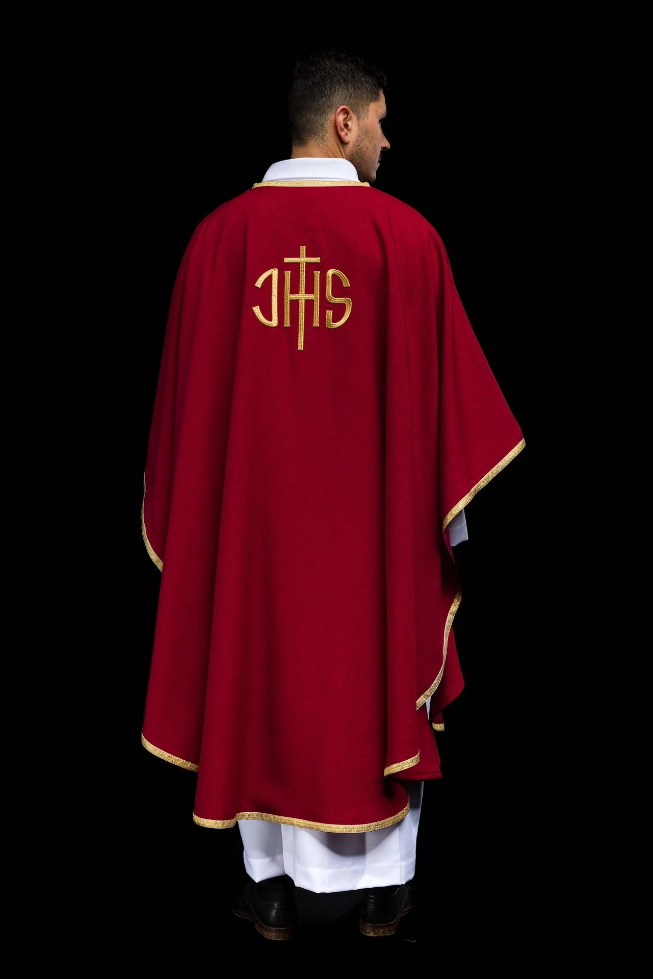 Red Liturgical Chasuble with Golden IHS Embroidery - Image 7