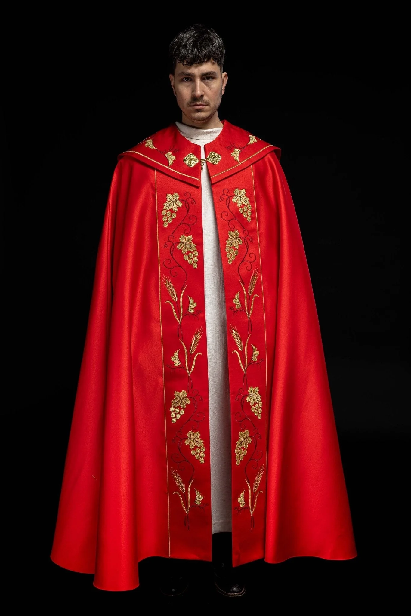 Red Liturgical cope with Gold Embroidery IHS and Grape - Image 2