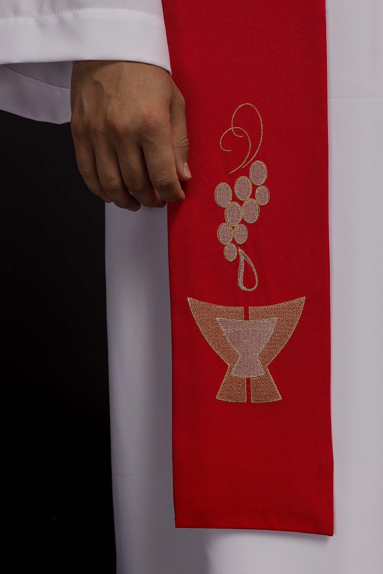 Red priest’s stole embroidered with a chalice wheat and grapes - Image 3