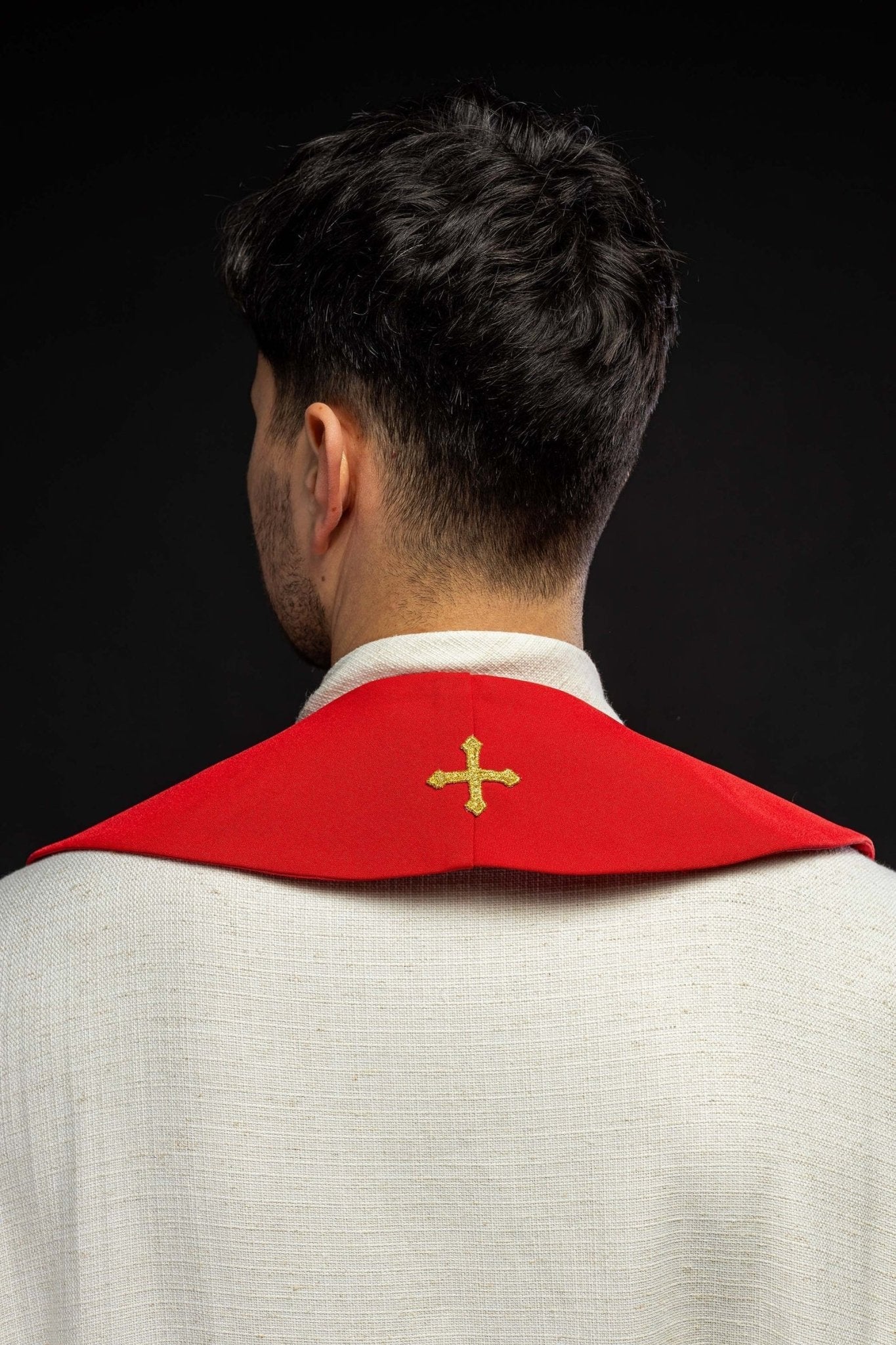 Red priestly stole embroidered with Bread Cross Fish motif - Image 4
