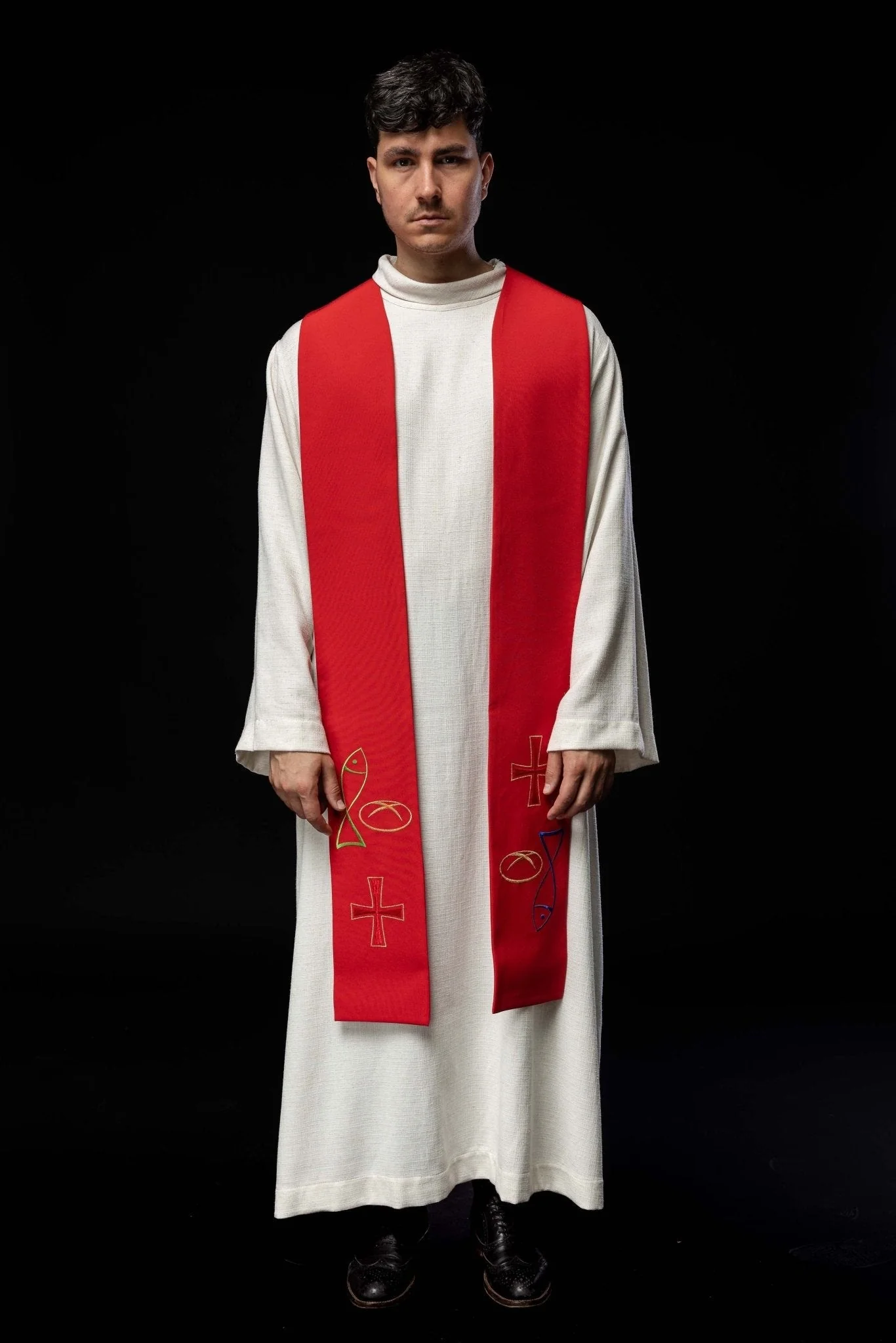 Red priestly stole embroidered with Bread Cross Fish motif - Image 5