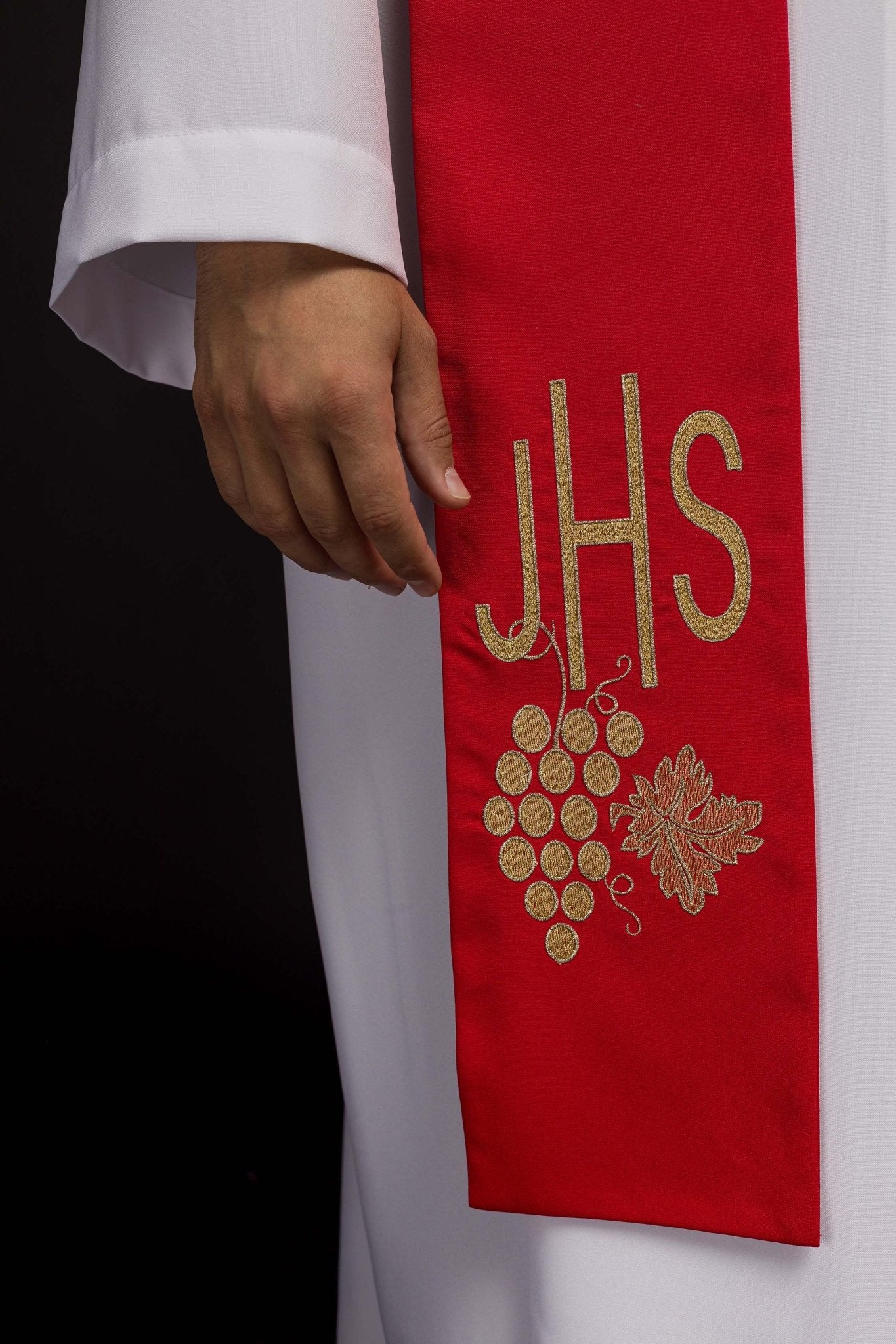 Red priestly stole embroidered with IHS and grapes - Image 2