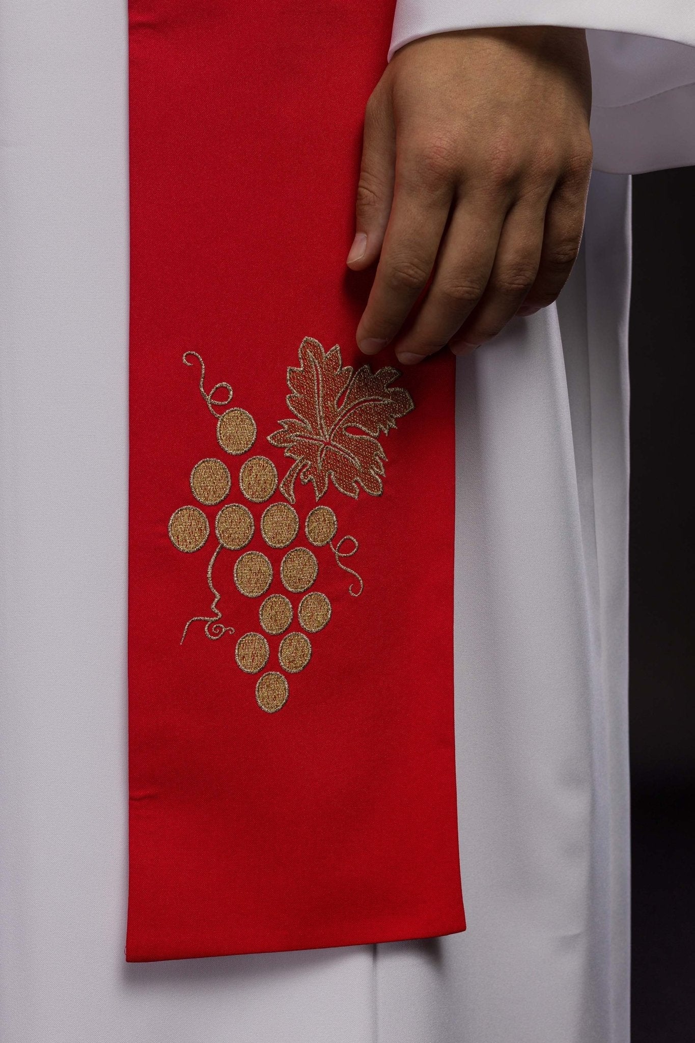Red priestly stole embroidered with IHS and grapes - Image 3