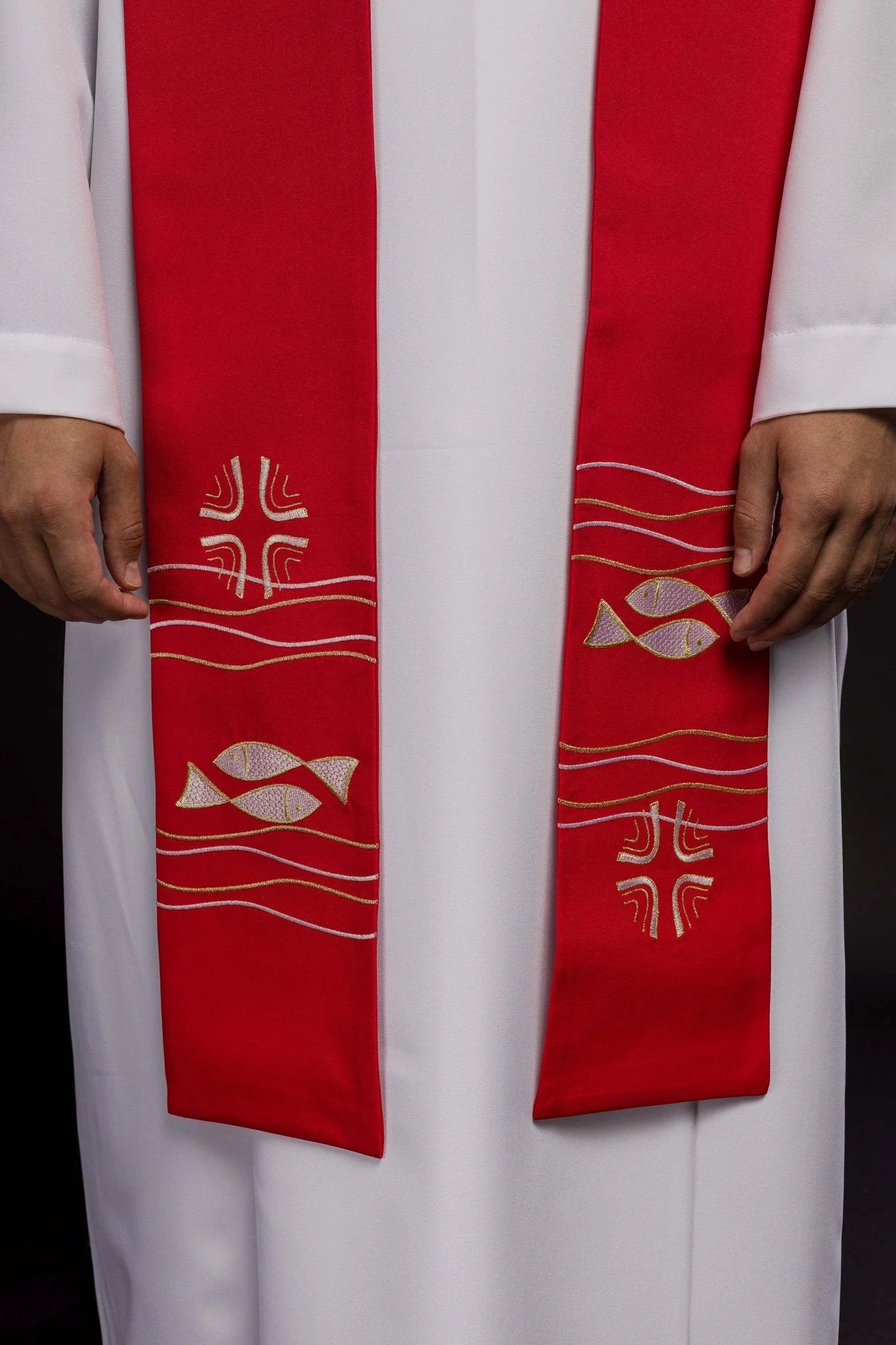 Red priestly stole with embroidered Fish motif - Image 2