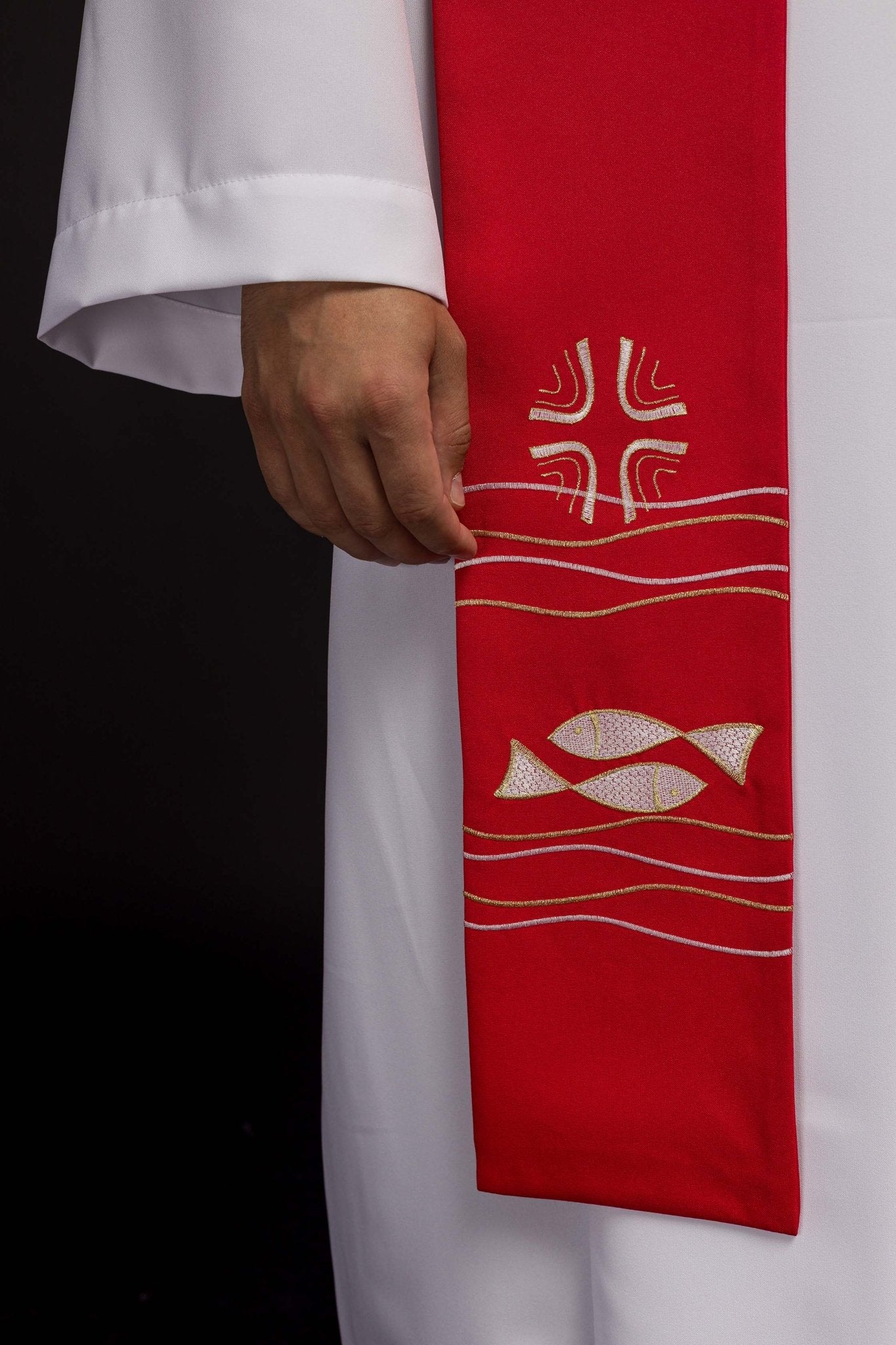 Red priestly stole with embroidered Fish motif - Image 3