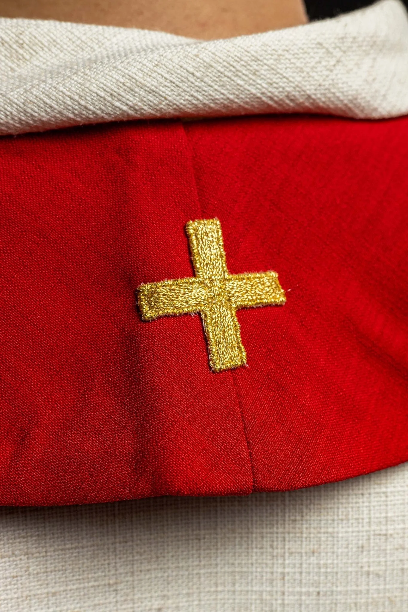 Red stole with embroidered Holy Spirit, cross, and tongues of fire - Image 5