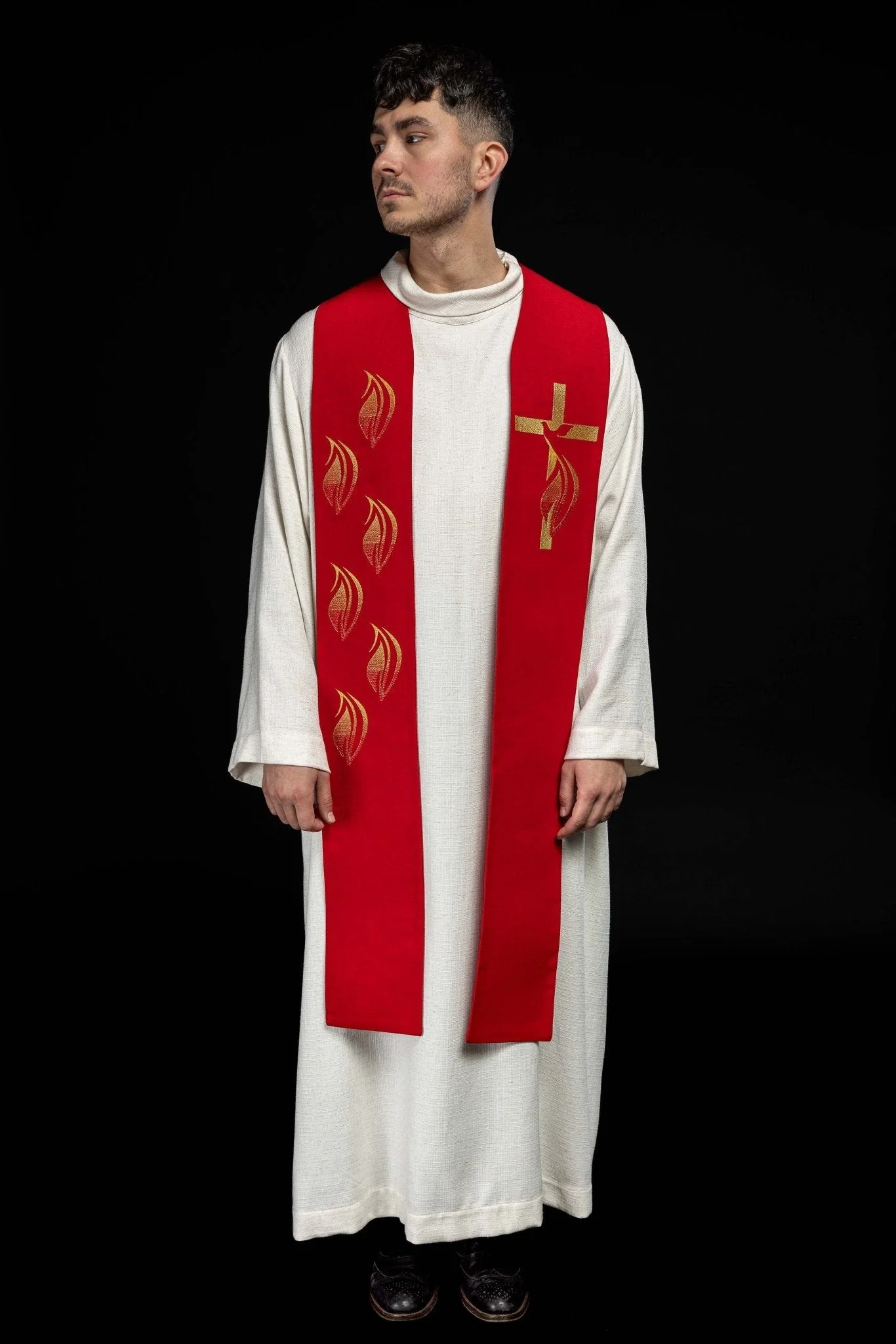Red stole with embroidered Holy Spirit, cross, and tongues of fire - Image 6