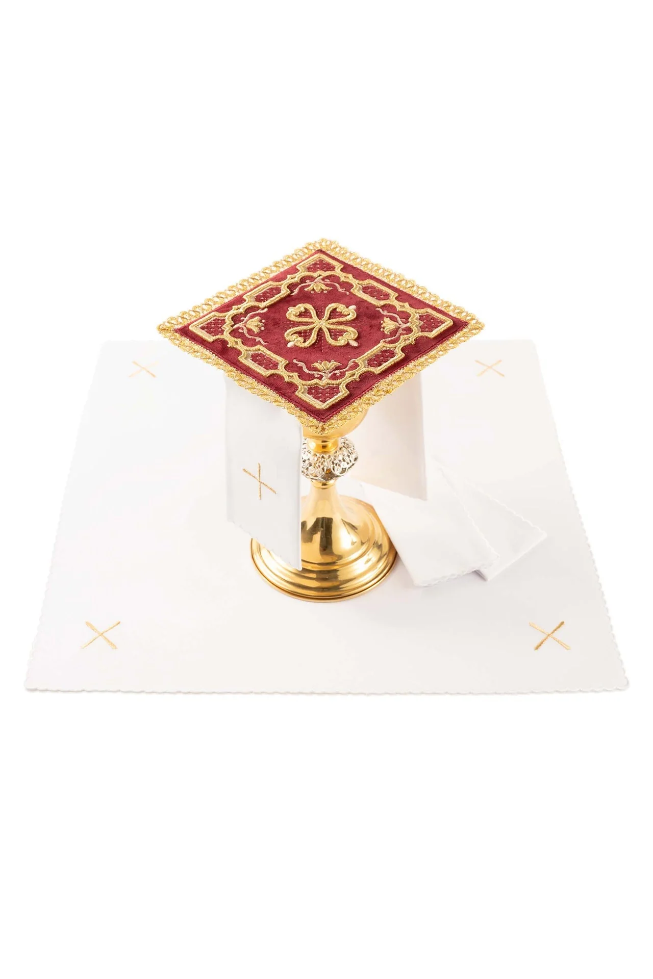 Red velvet embroidered chalice linens set