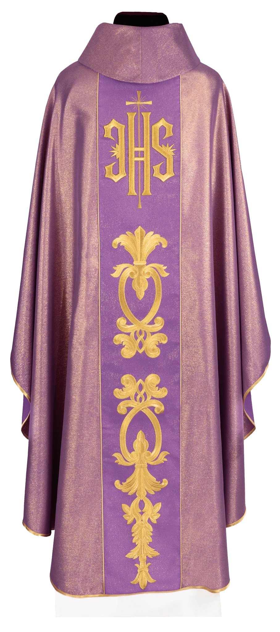 Richly decorated purple chasuble with golden motifs and a wide IHS band - Image 2