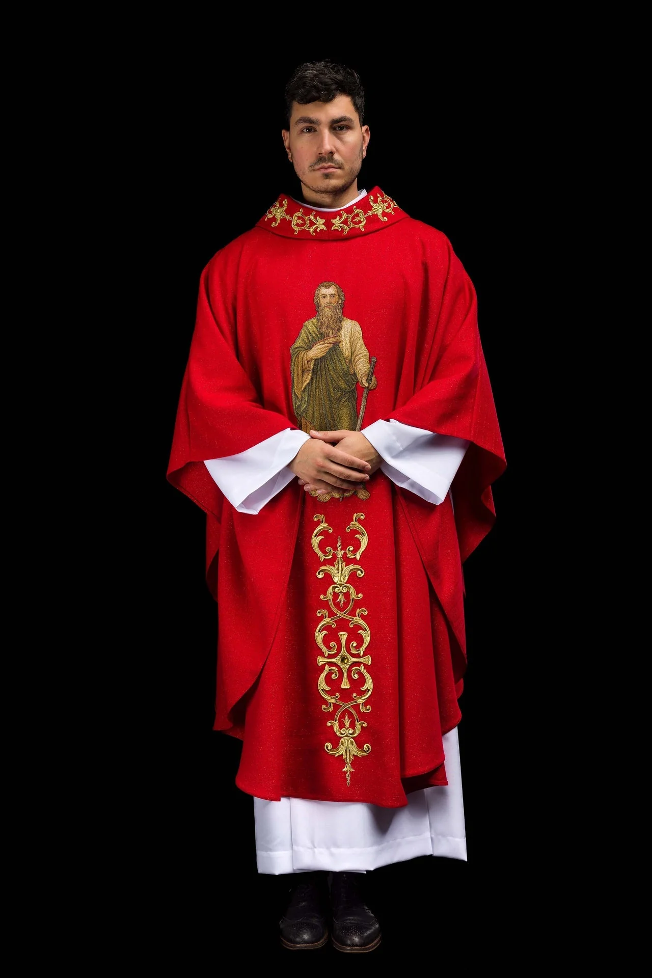 Richly embroidered chasuble with the image of Saint Paul red - Image 9