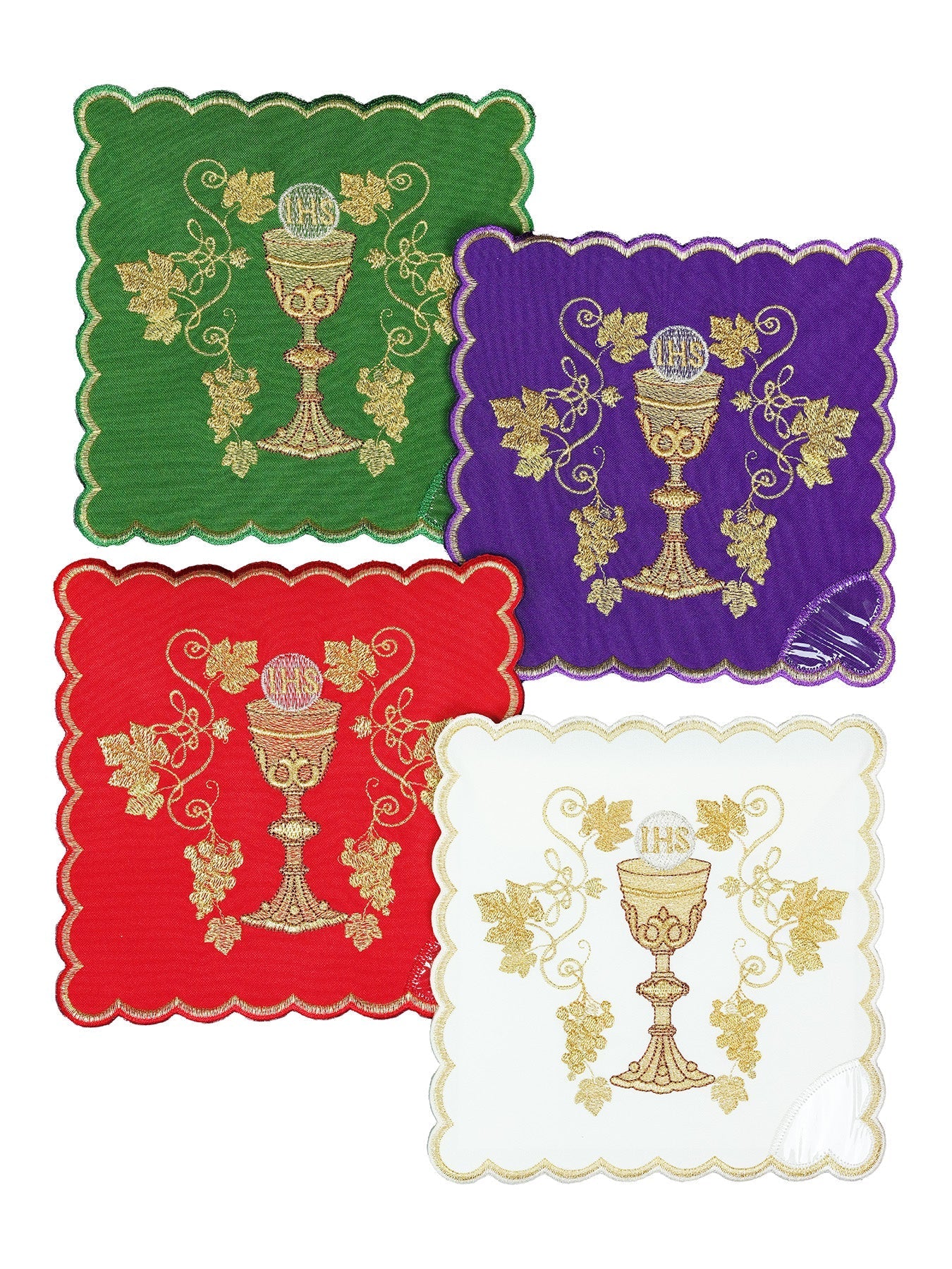 Set of chalice palls with a chalice symbol in four liturgical colors