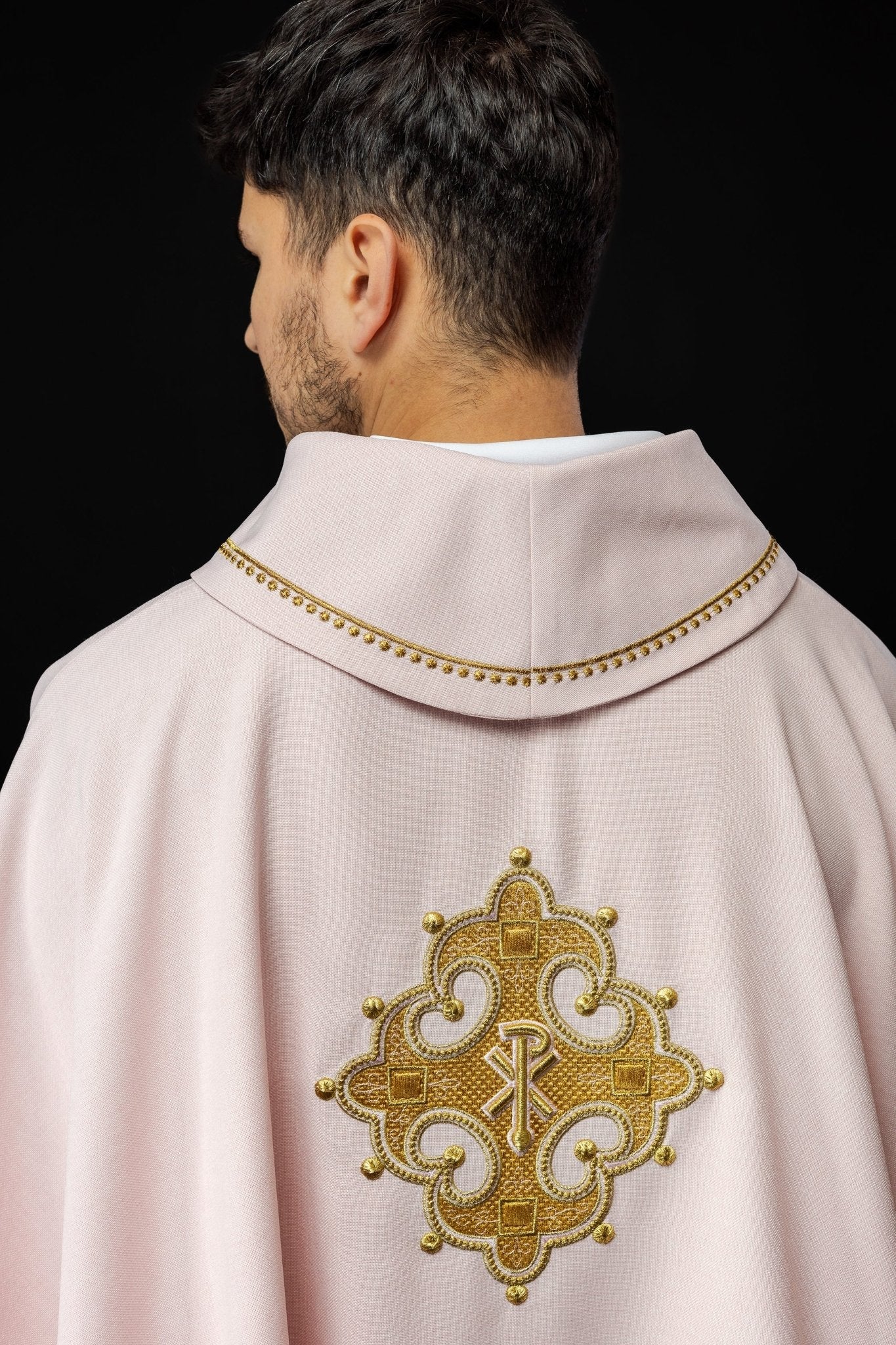 Simple pink chasuble with small PAX motif embroidery - Image 7