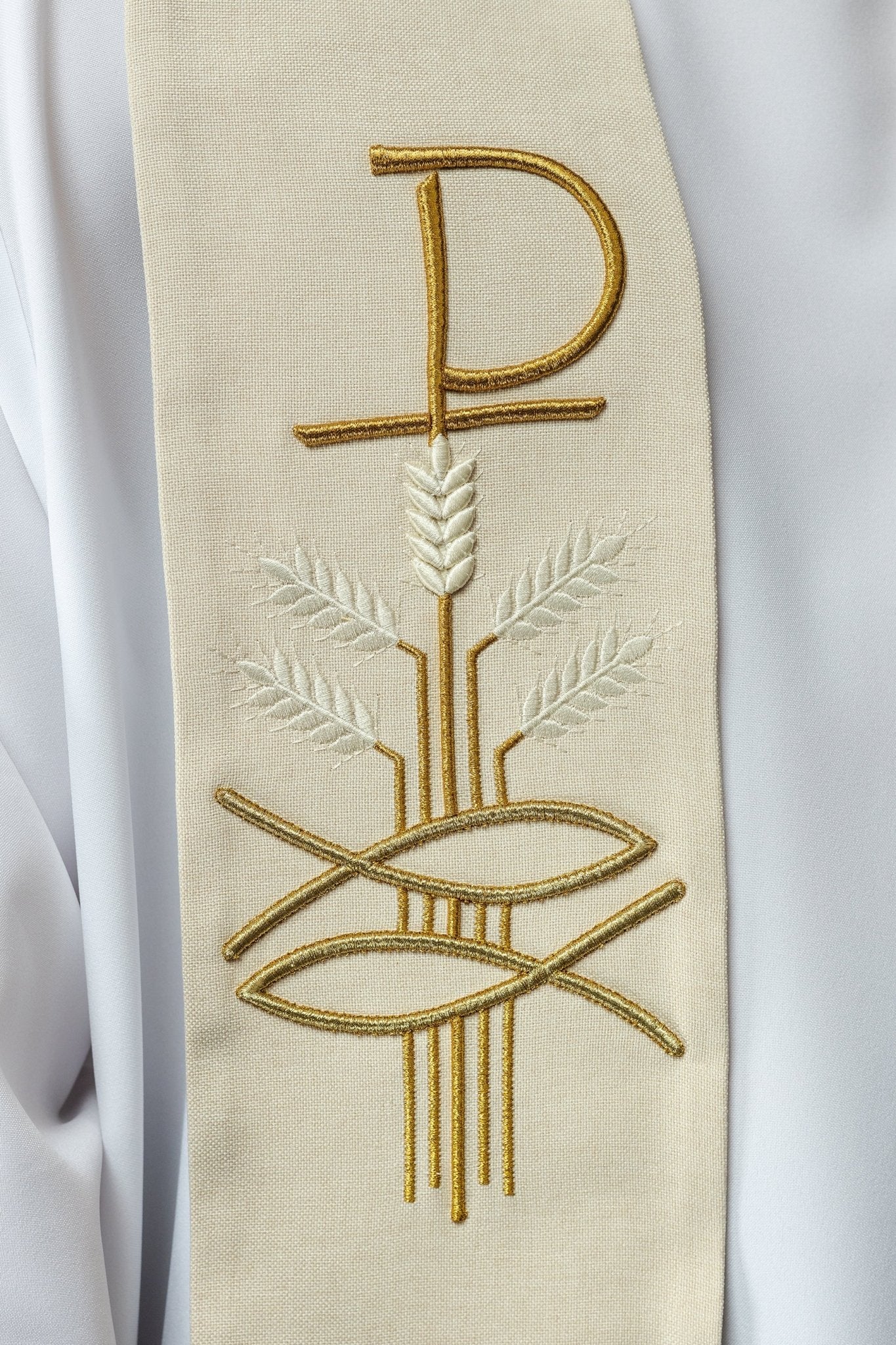 Simple priest stole in ivory with ichthys and PAX embroidery - Image 3