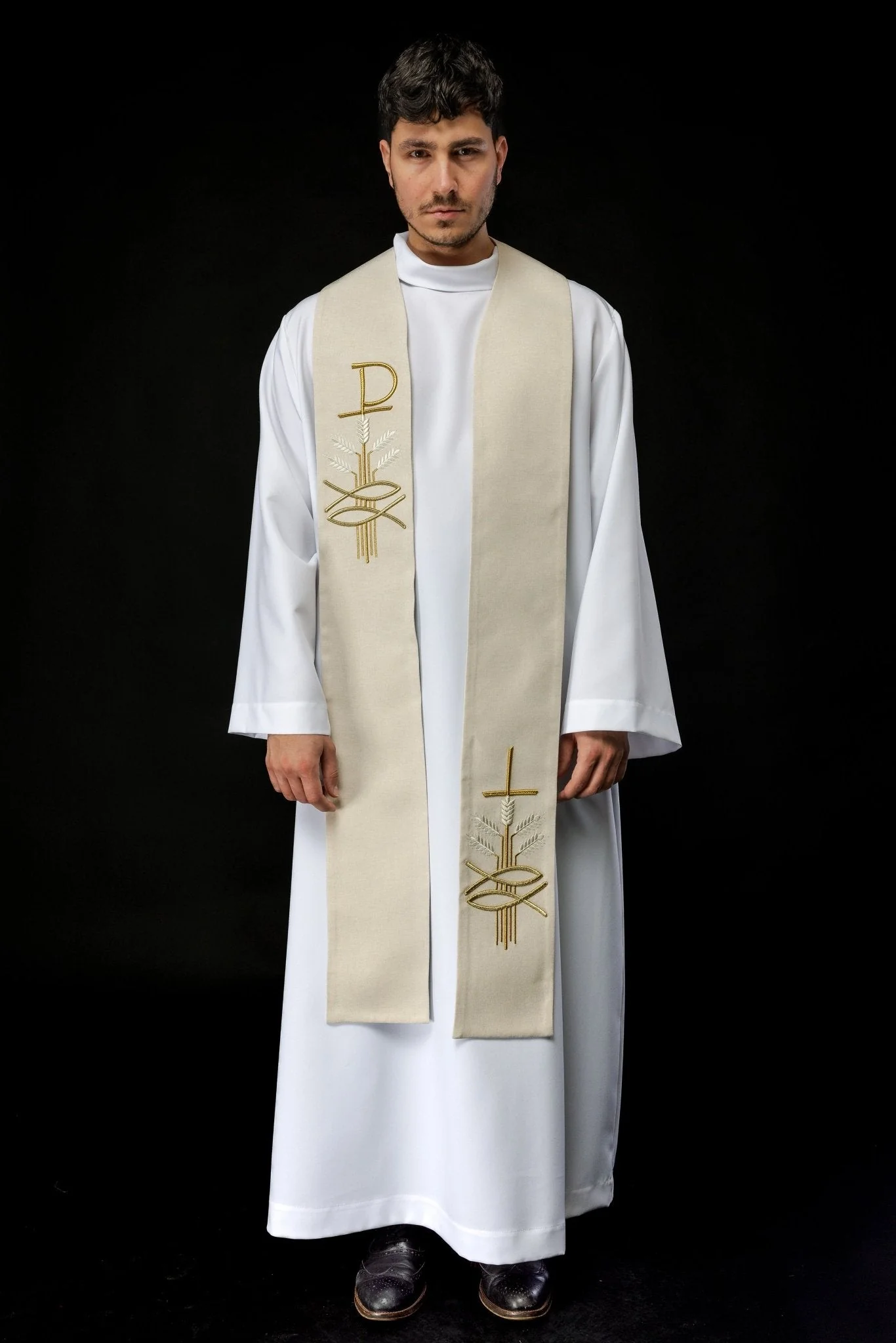 Simple priest stole in ivory with ichthys and PAX embroidery - Image 5