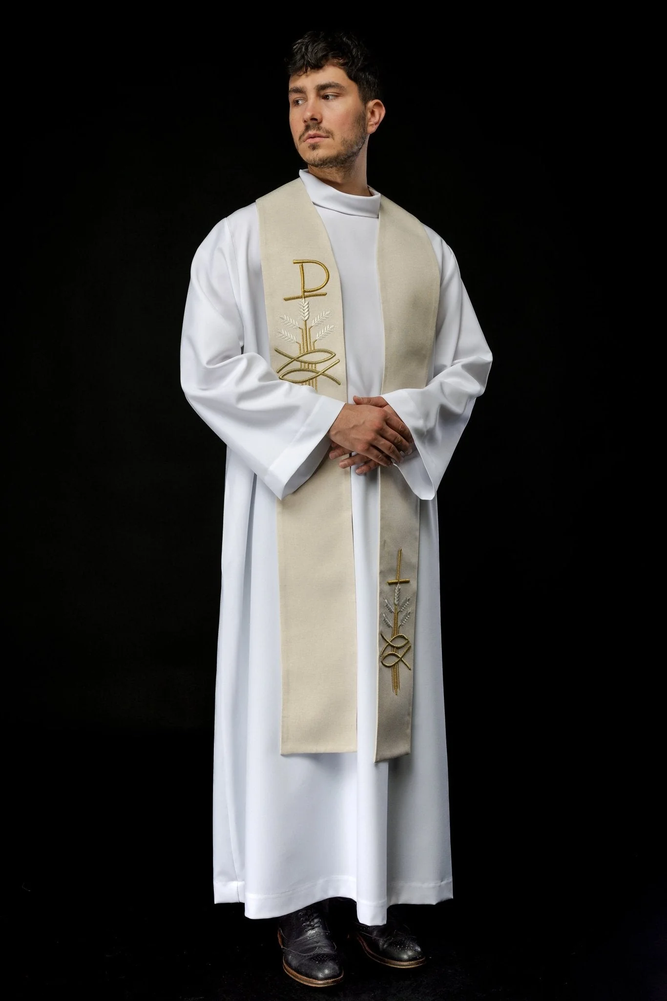 Simple priest stole in ivory with ichthys and PAX embroidery - Image 6