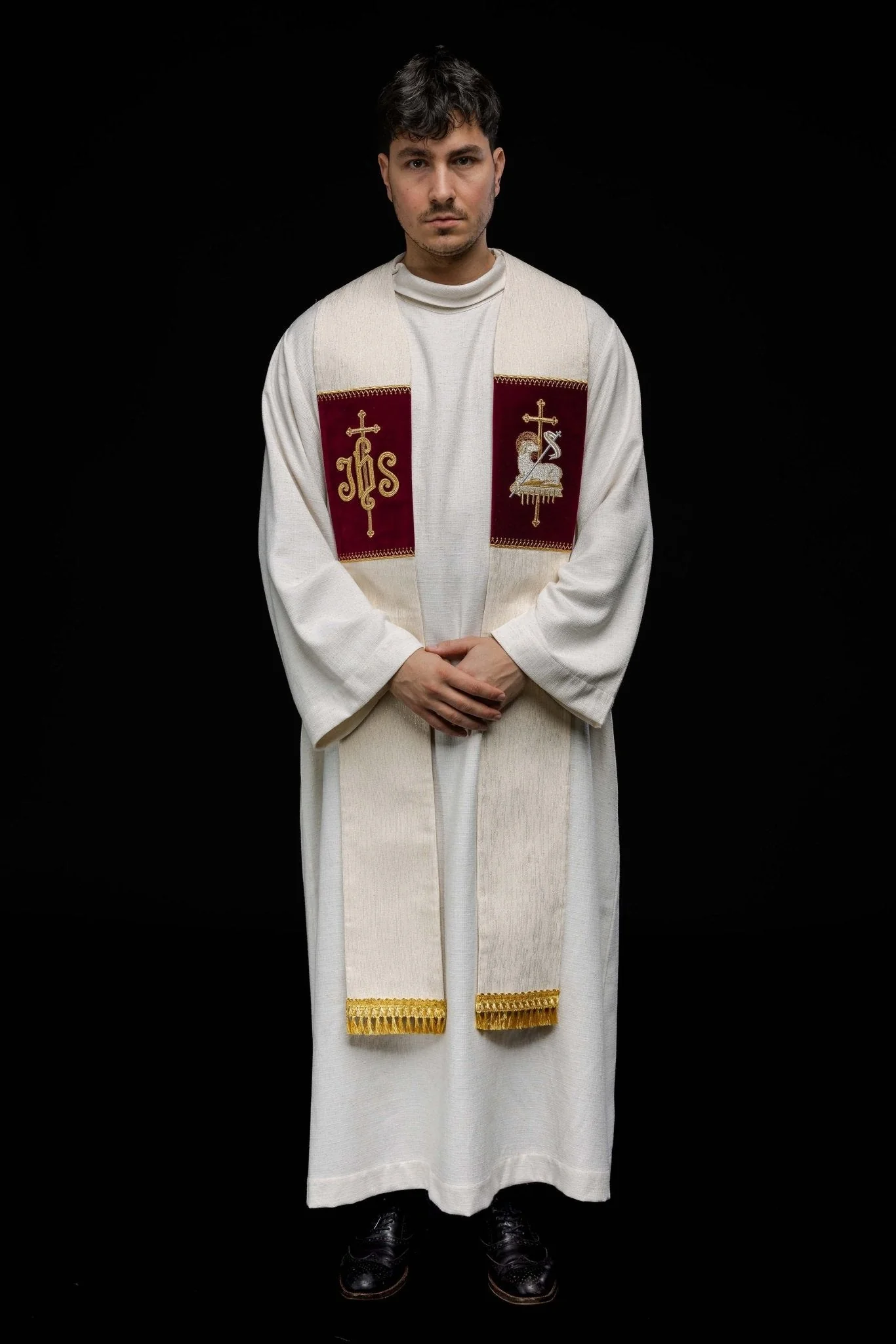 Stole with embroidered Lamb of God and JHS symbol