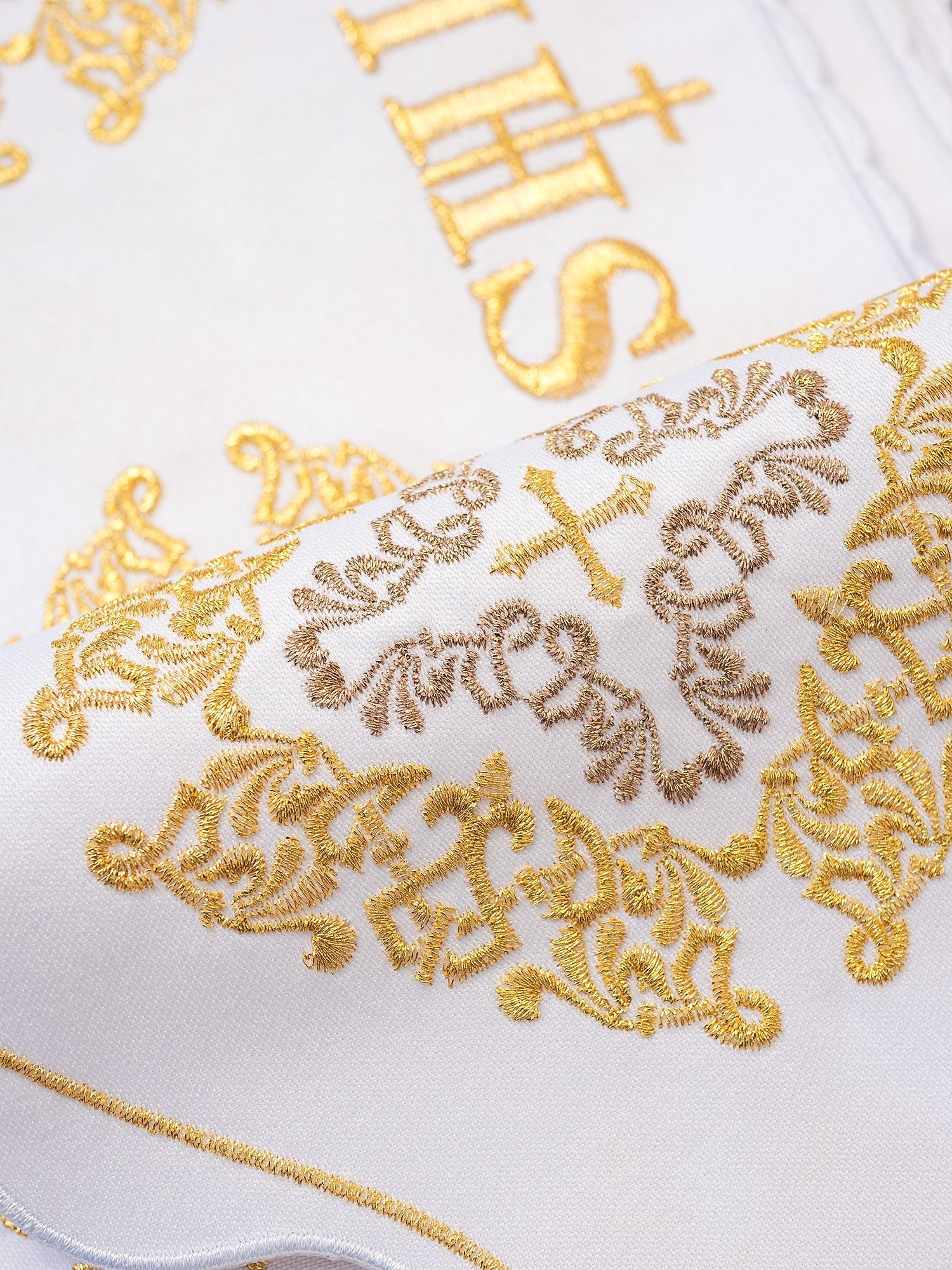 Trimmings with front embroidery IHS, Cross, and Rosette White - Image 2