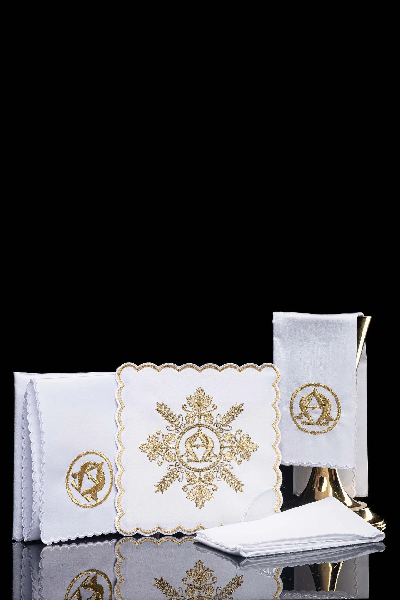 White Chalice Linen Set embroidered with an Alpha and Omega motif